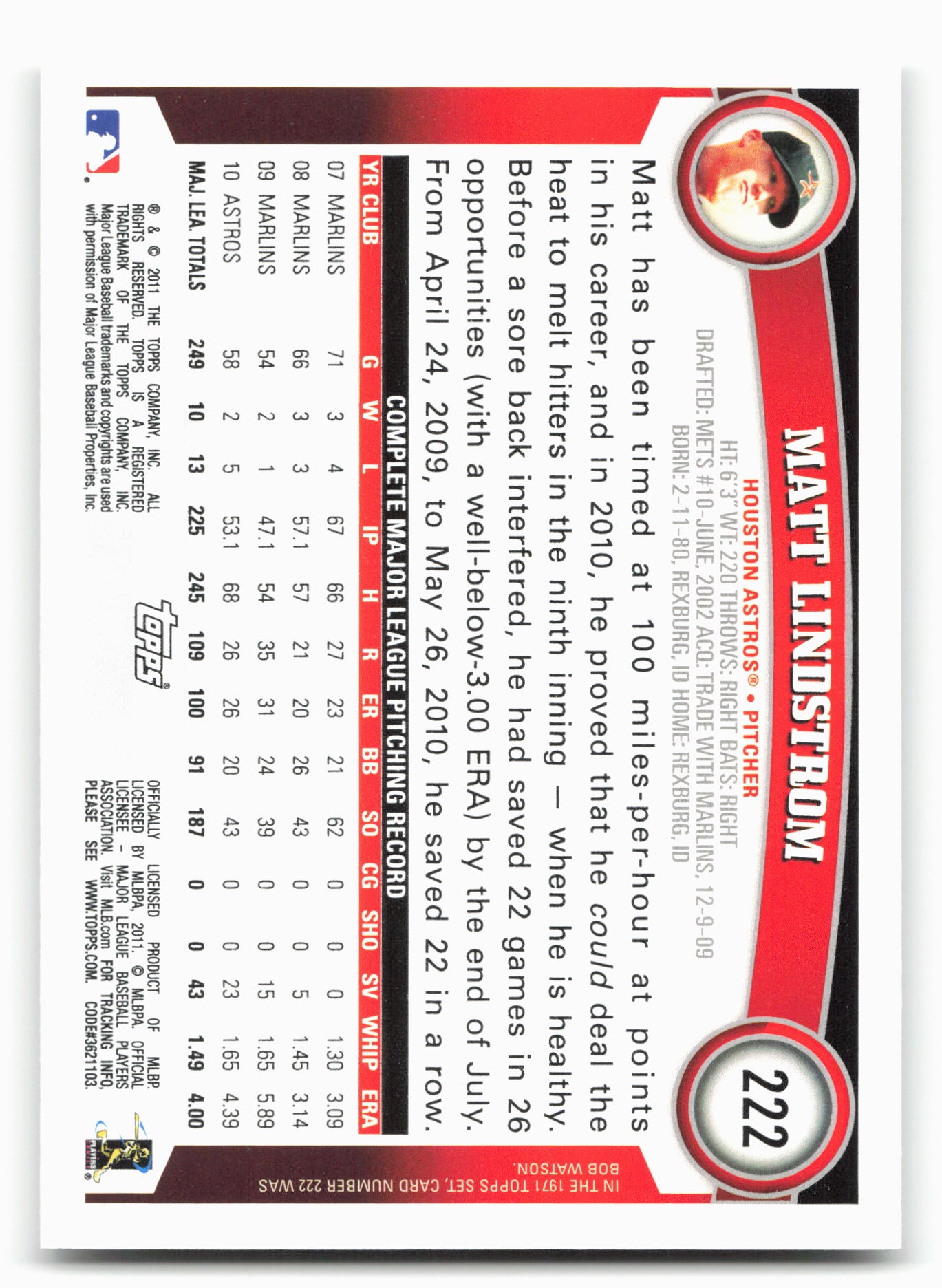 2011 Topps #222 Matt Lindstrom