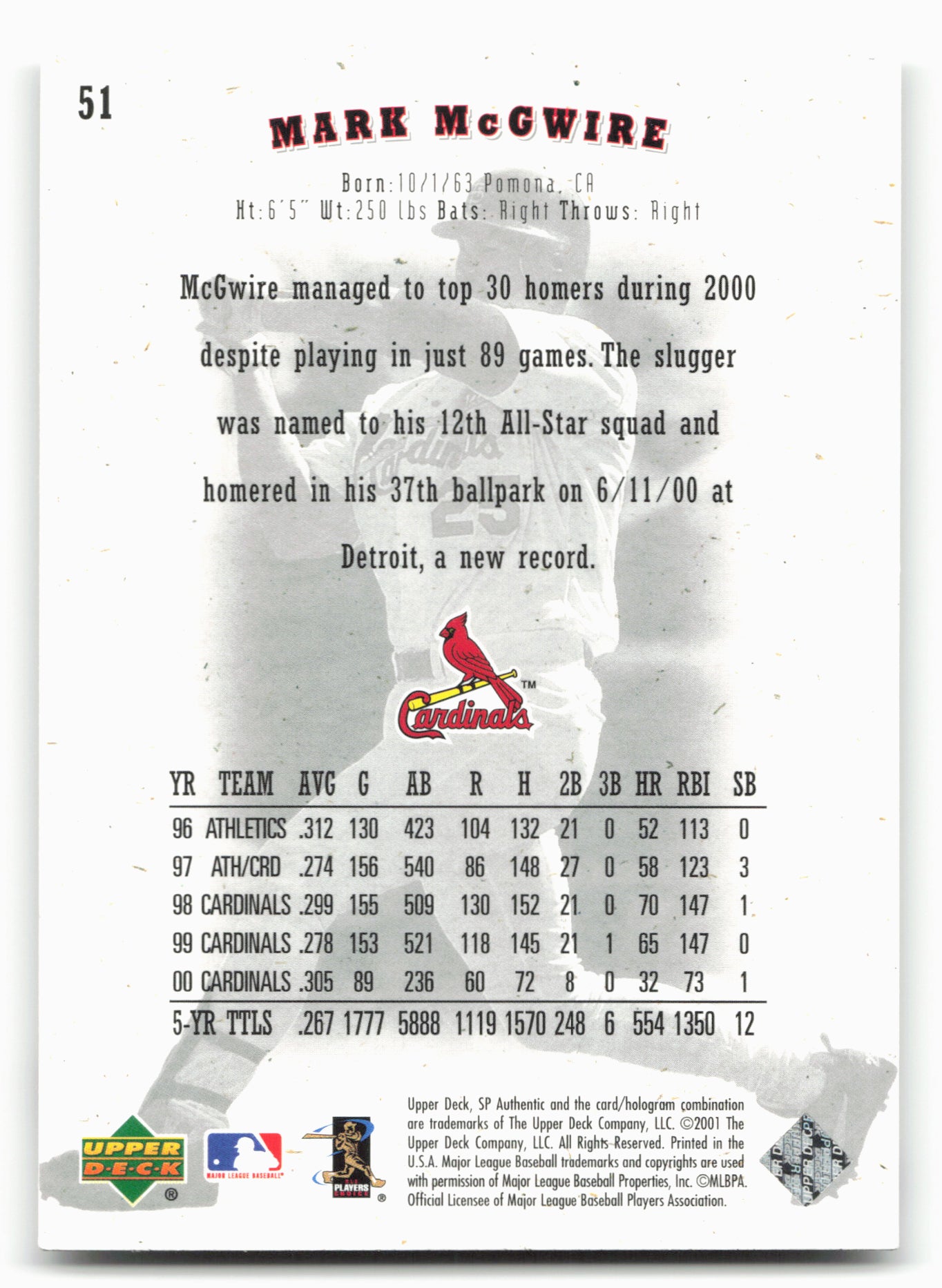 2001 SP Authentic #51 Mark McGwire