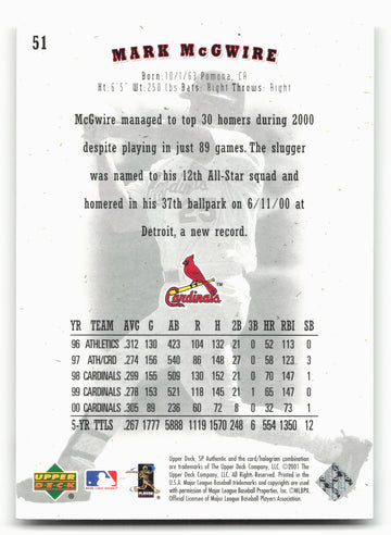 2001 SP Authentic #51 Mark McGwire