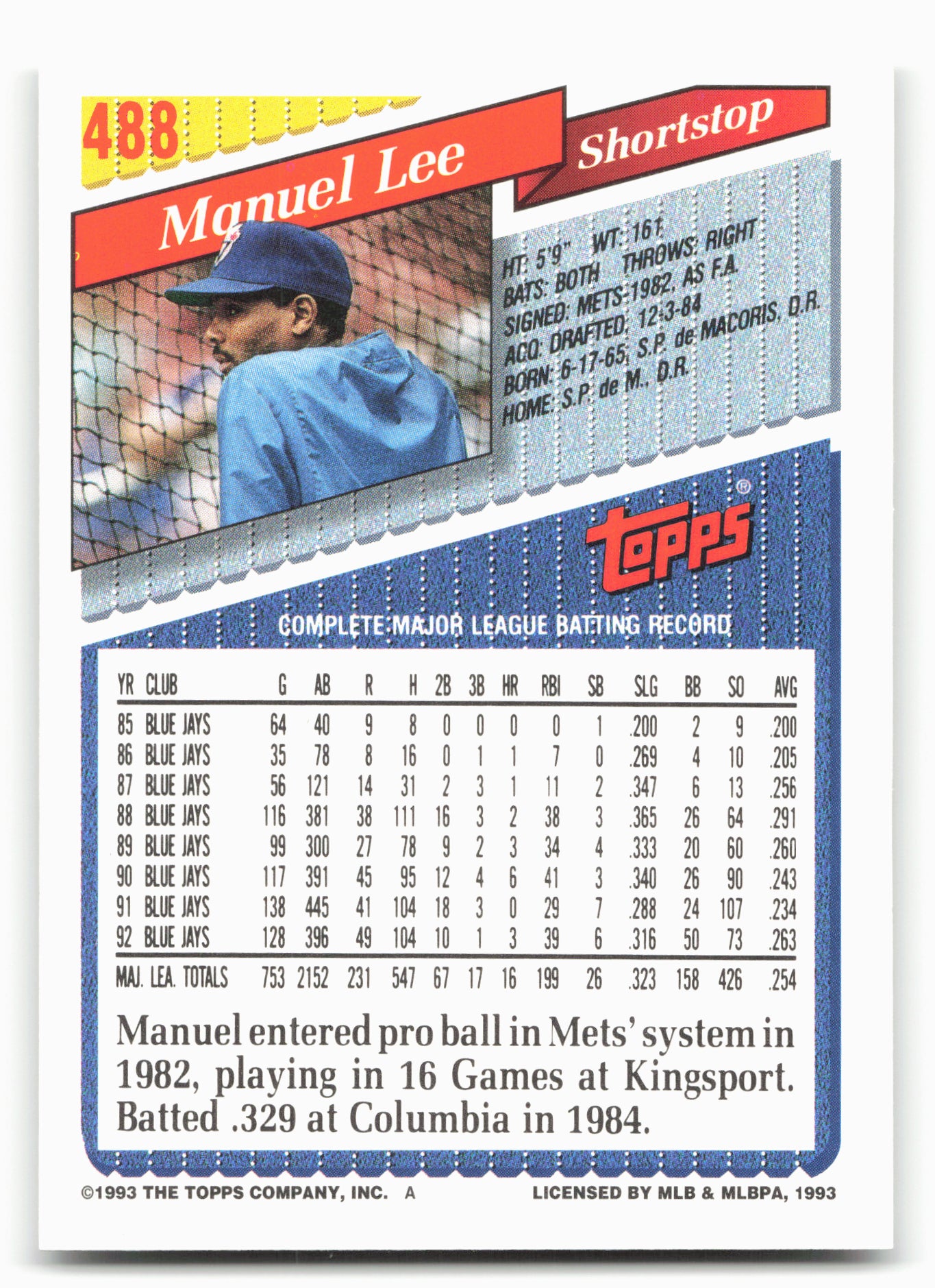 1993 Topps #488 Manuel Lee