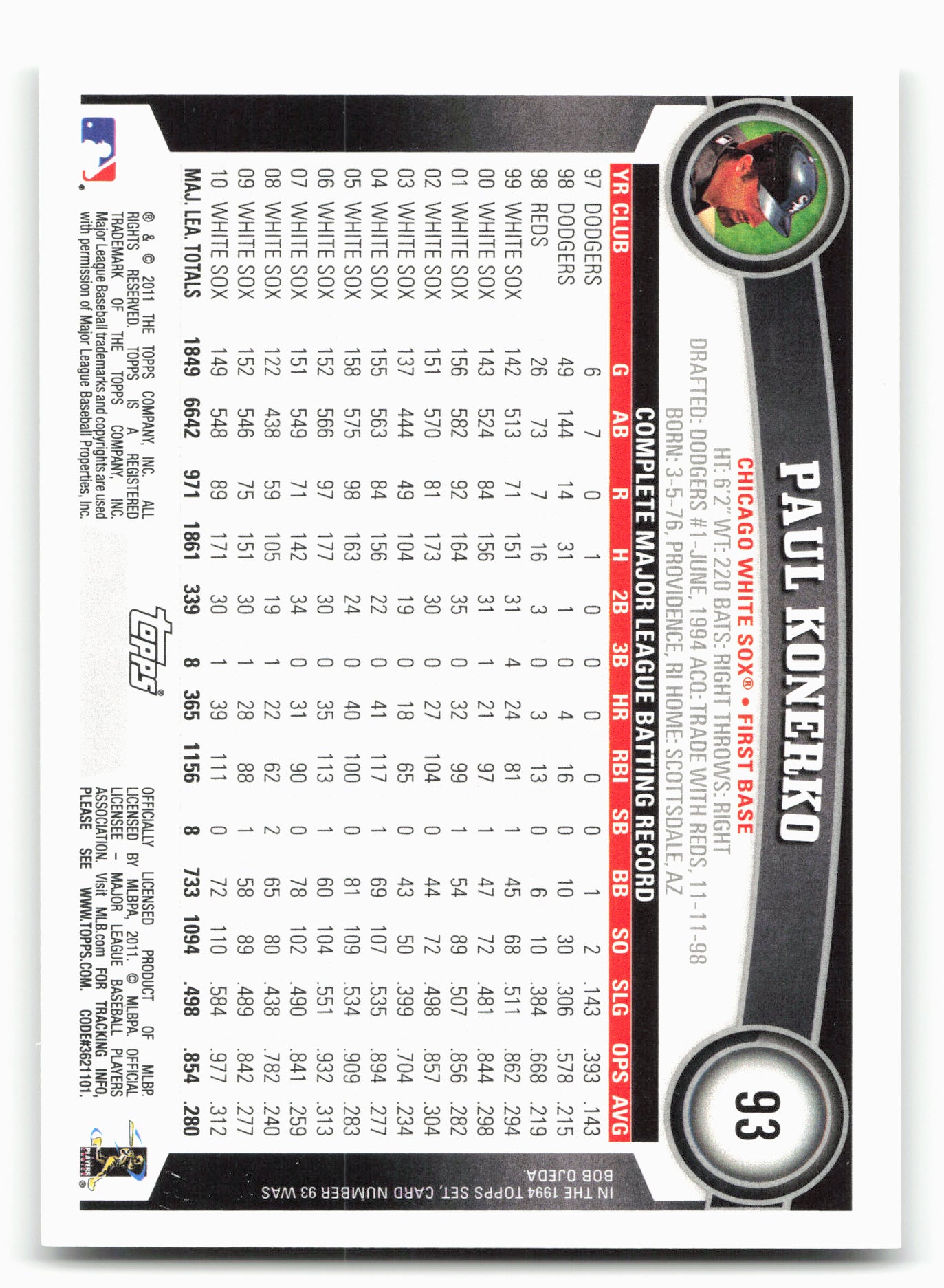 2011 Topps #93a Paul Konerko