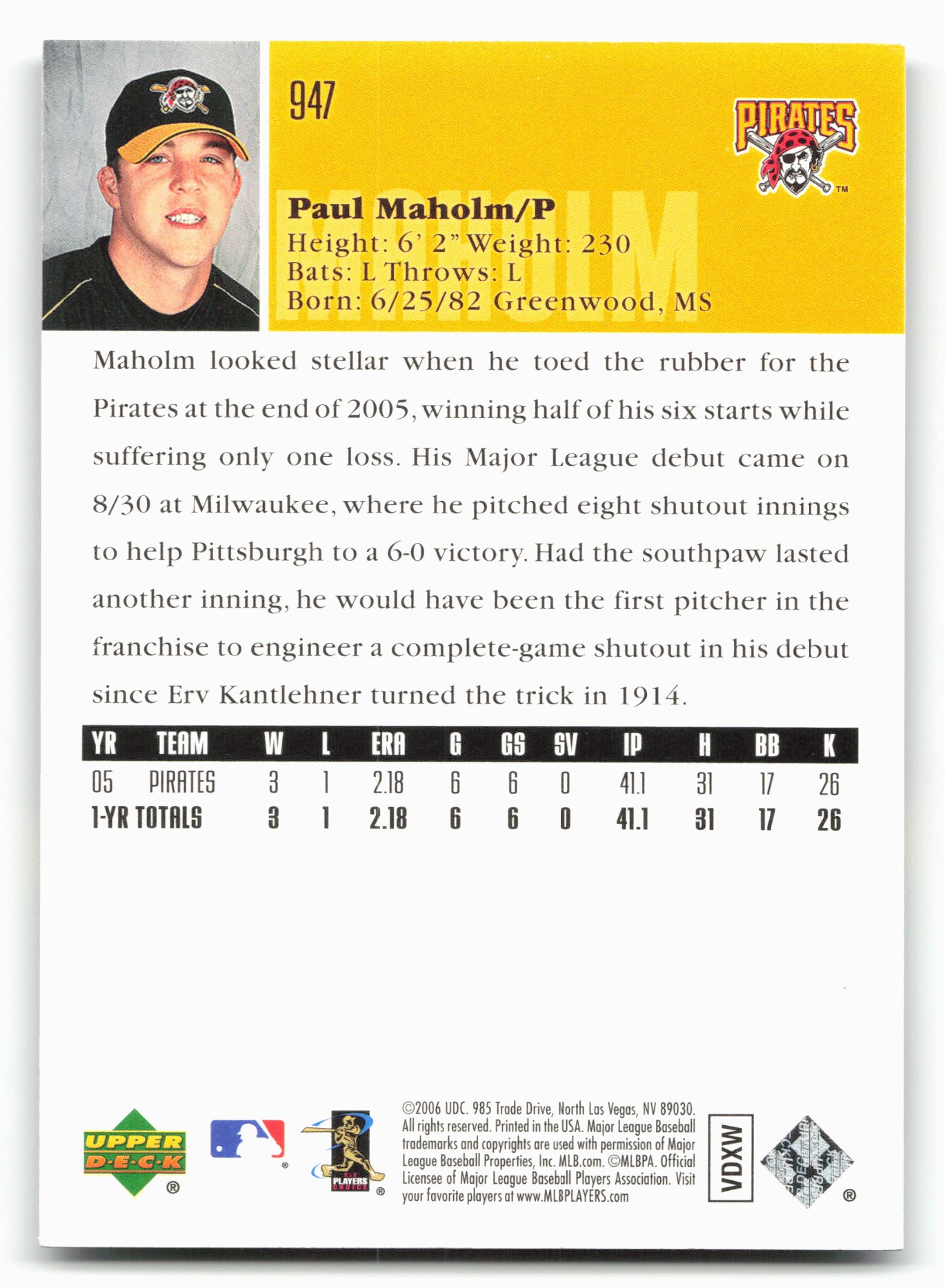 2006 Upper Deck #947 Paul Maholm