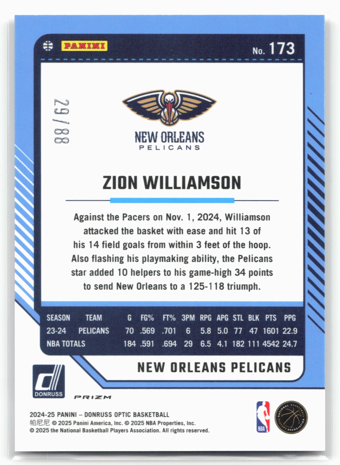 2024-25 Donruss Optic #173 Zion Williamson Choice Red #/88