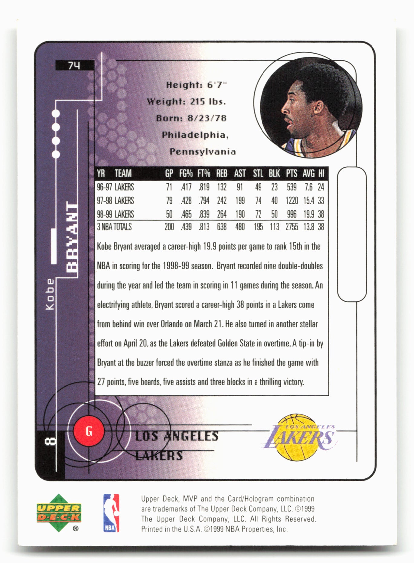 1999-00 Upper Deck MVP #74 Kobe Bryant