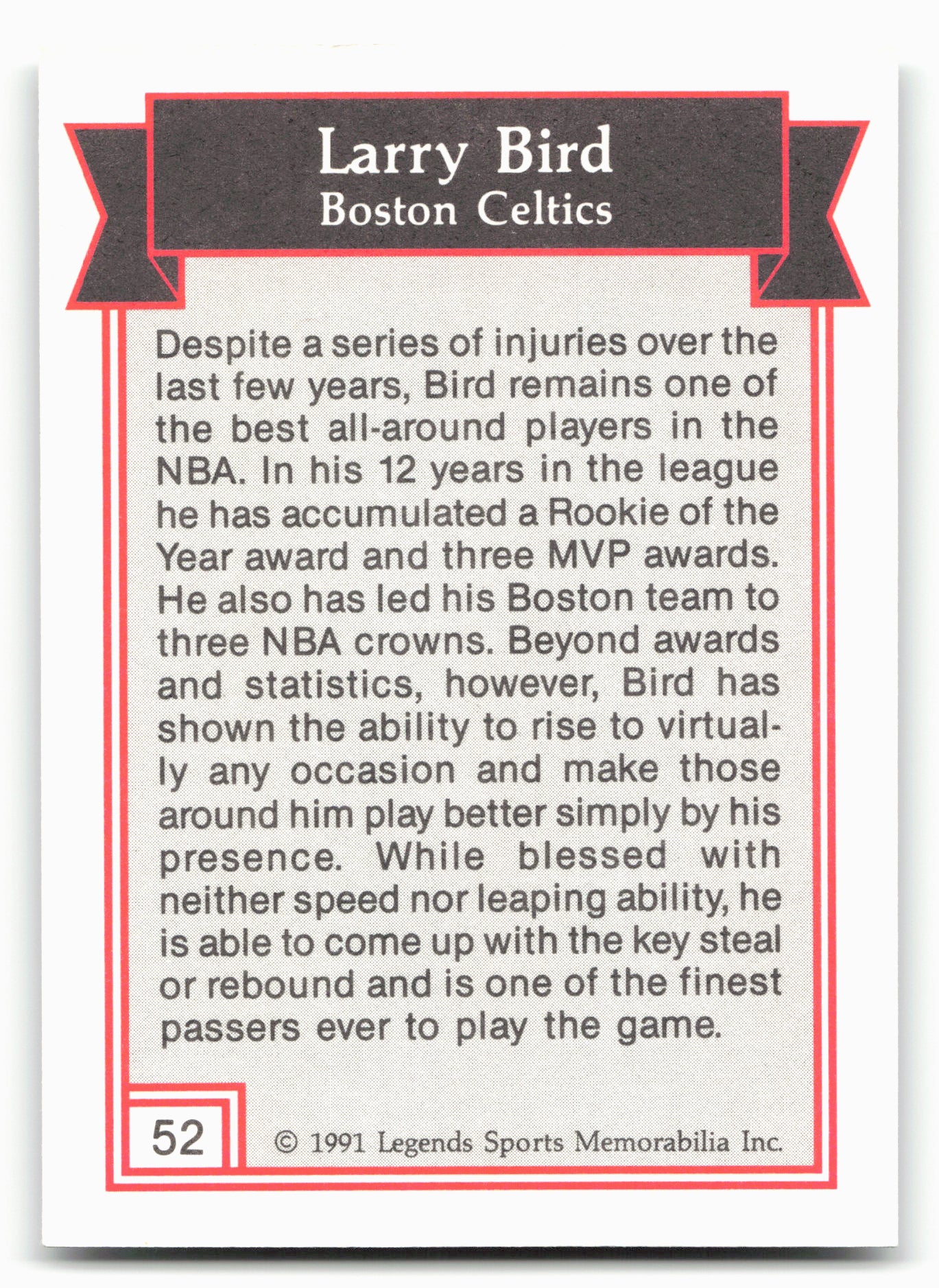 1991 Legends Sports Memorabilia #52 Larry Bird