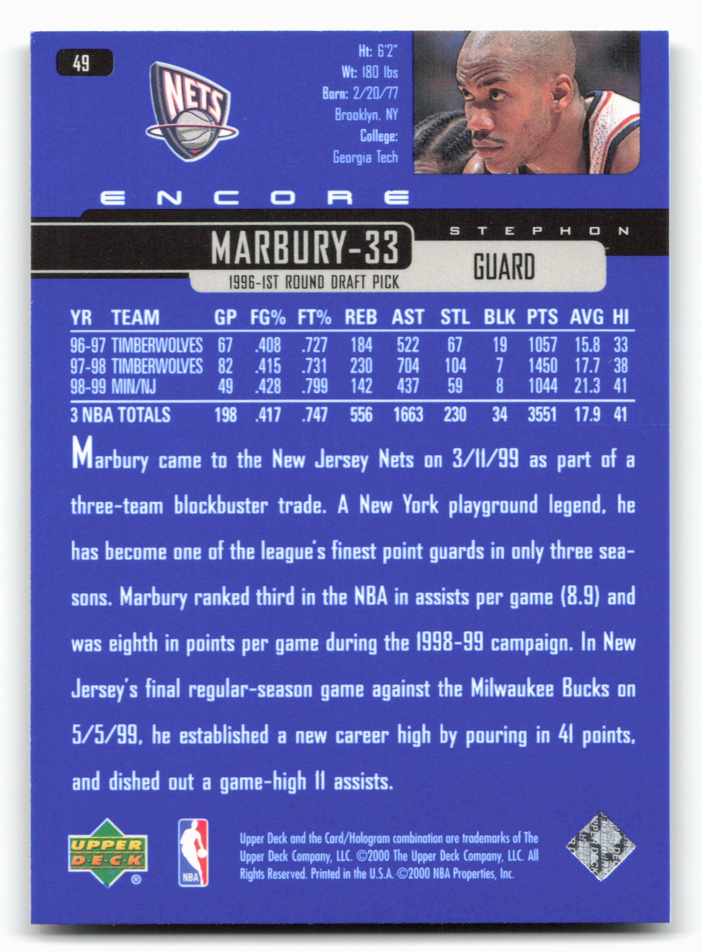 1999-00 Upper Deck Encore #49 Stephon Marbury