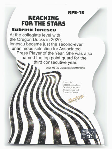 
2021 SkyBox Metal Universe #RFS-15 Sabrina Ionescu Reaching for the Stars