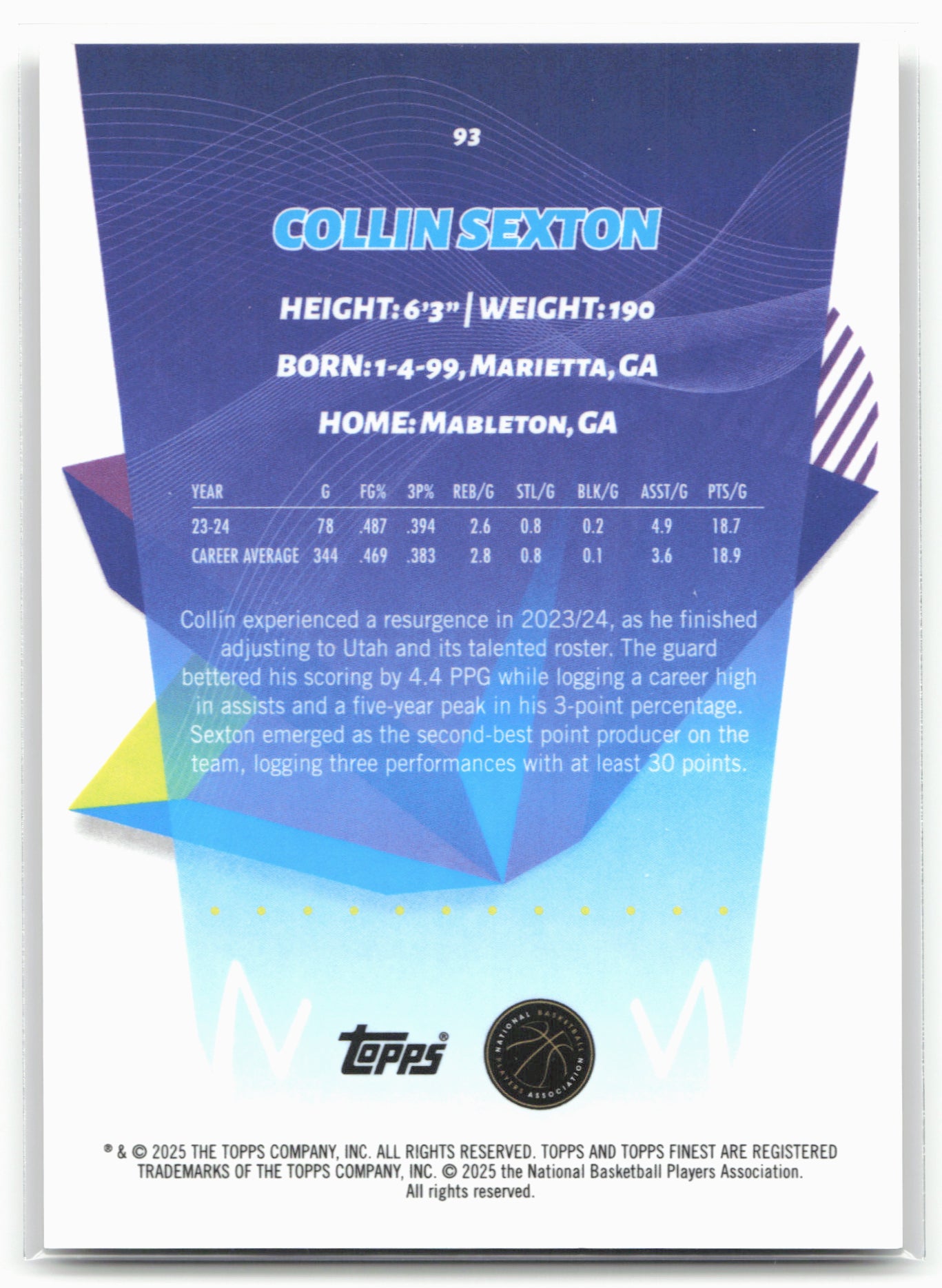 2024-25 Finest #93 Collin Sexton Gold Geometric Refractor #/50