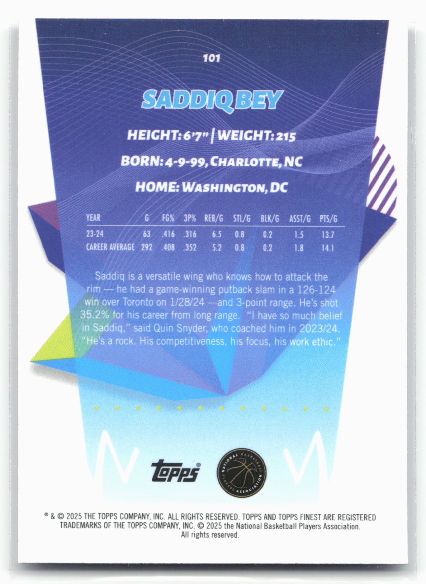 2024-25 Finest #101 Saddiq Bey Purple Geometric Refractor #/75