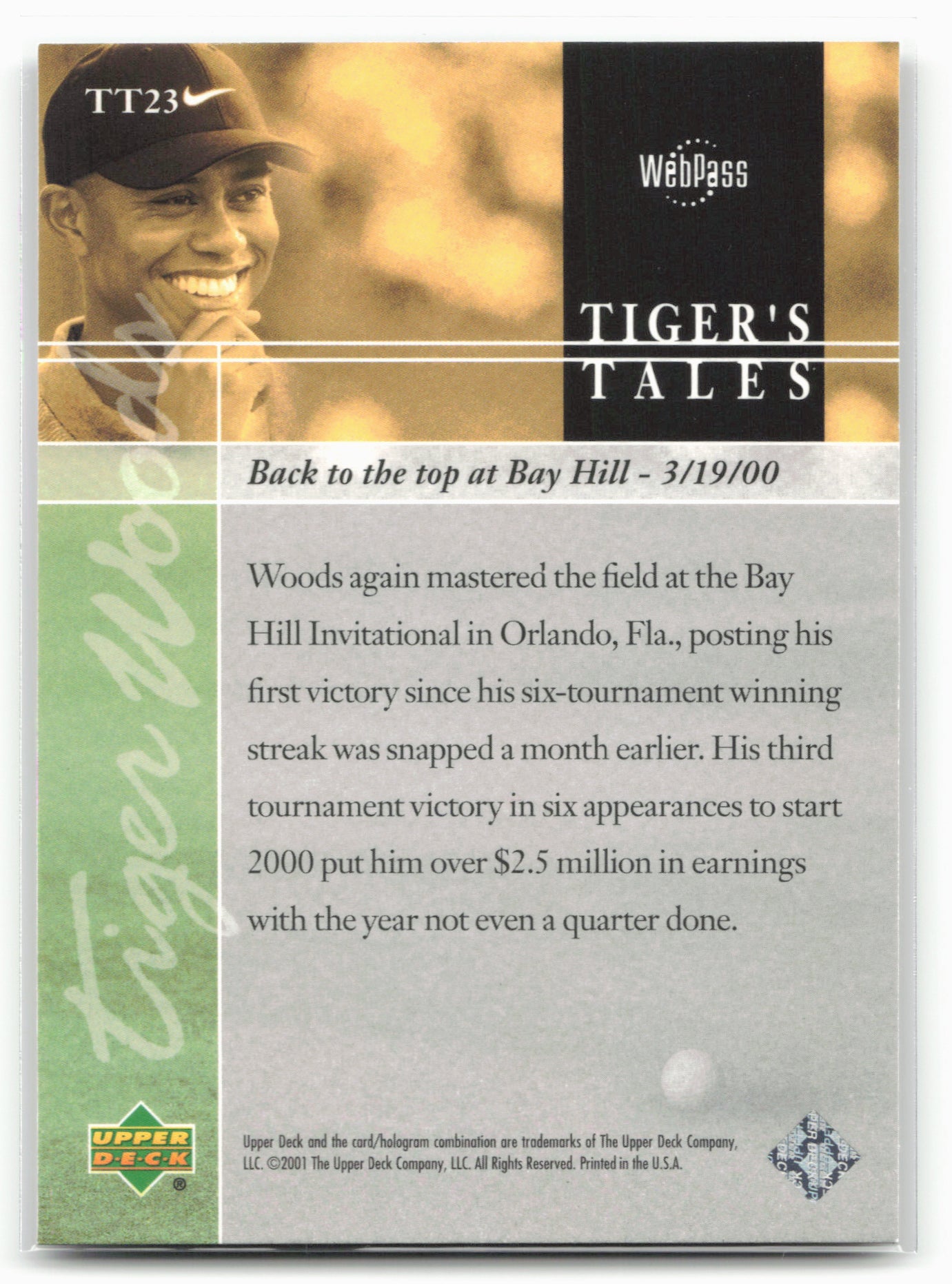 2001 Upper Deck #TT23 Tiger Woods Tiger's Tales 21201