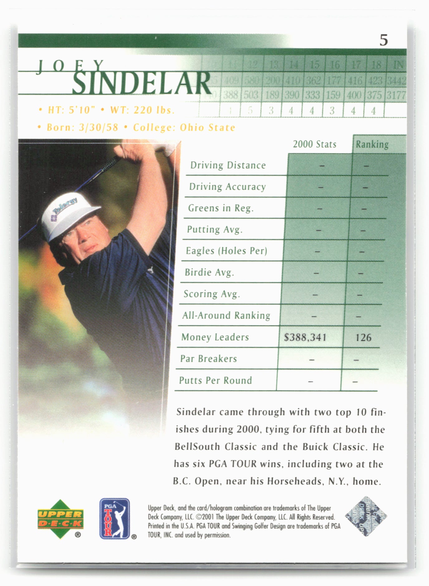 2001 Upper Deck #5 Joey Sindelar