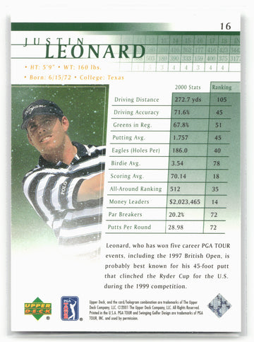 
2001 Upper Deck #16 Justin Leonard