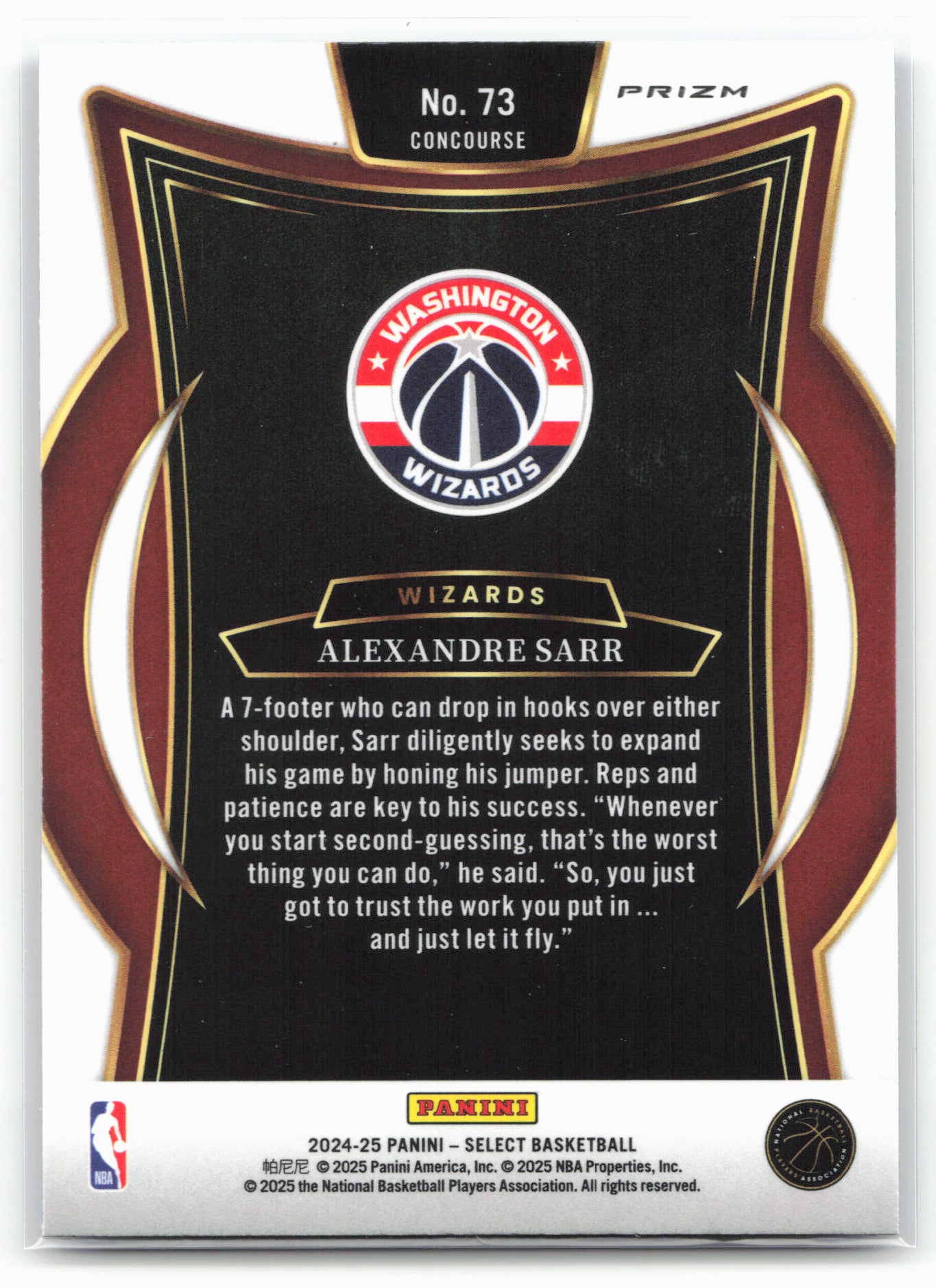 2024-25 Panini Select #73 Alexandre Sarr Blue Prizm