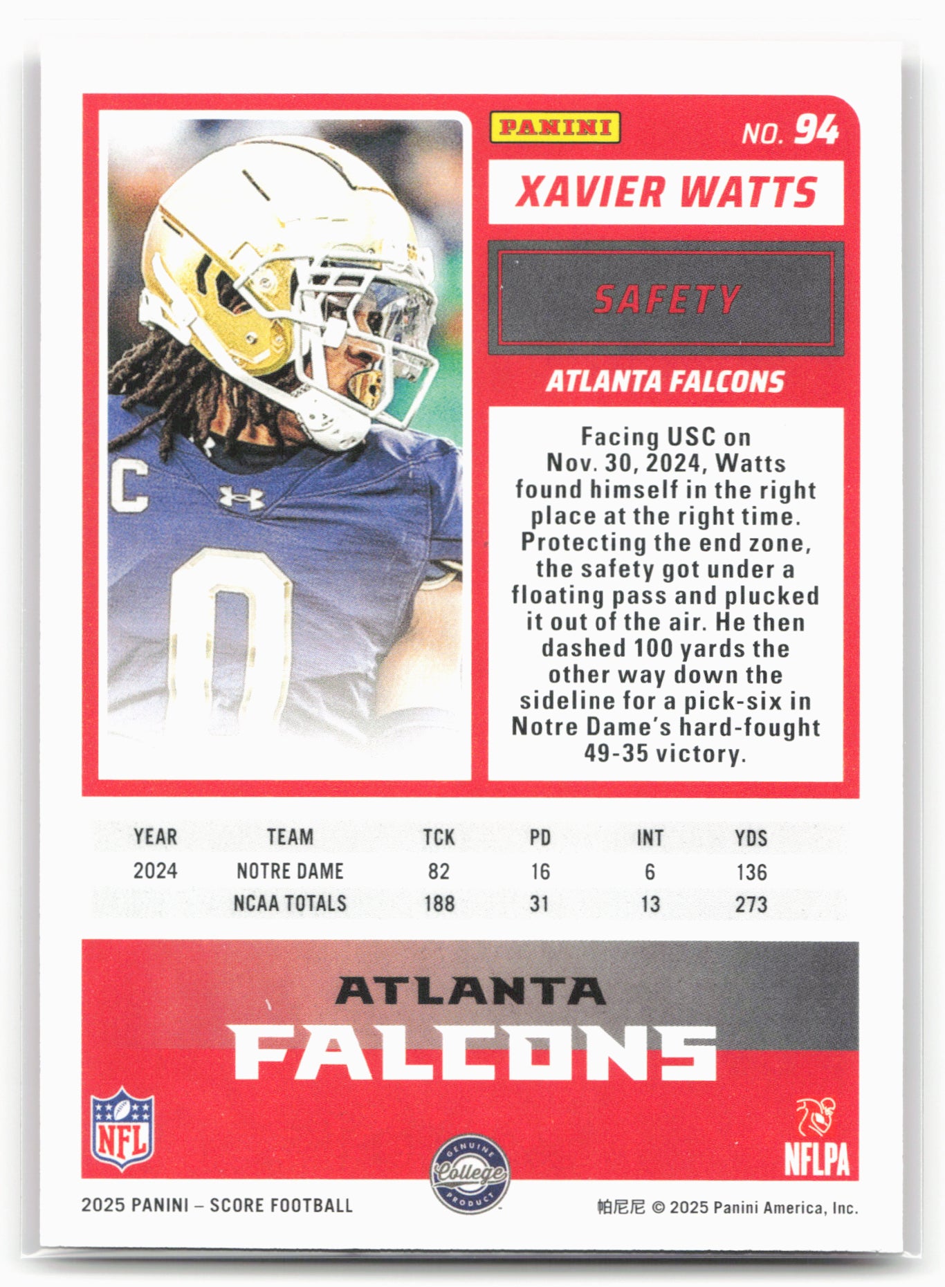 2025 Score #94 Xavier Watts Red