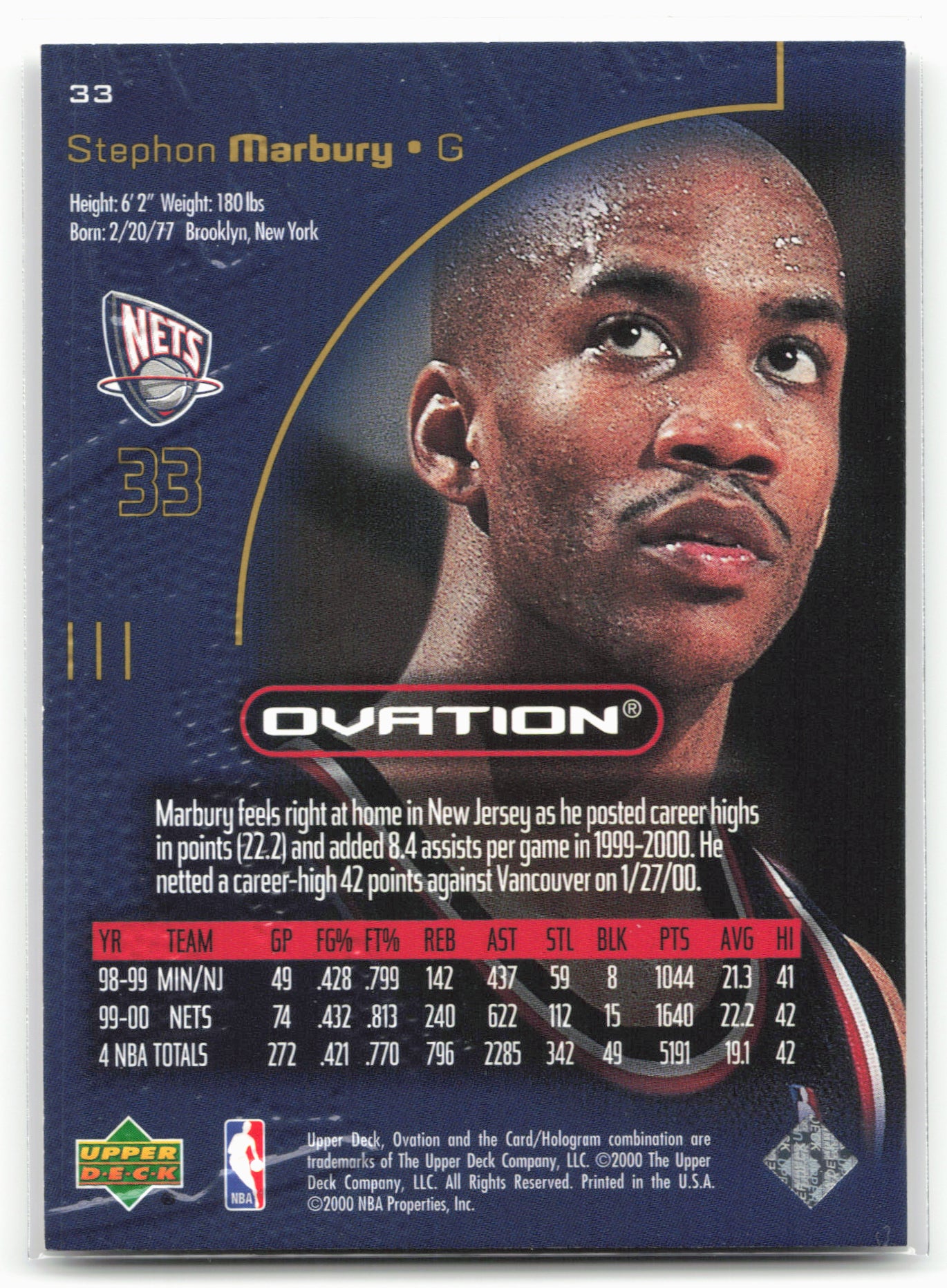 2000-01 Upper Deck Ovation #33 Stephon Marbury