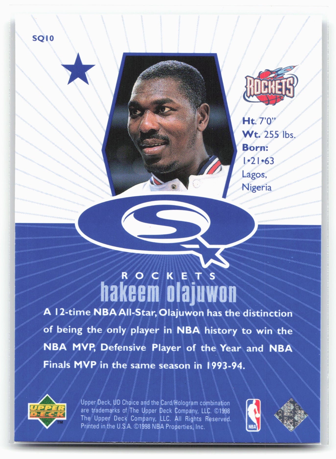 1998-99 UD Choice #SQ10 Hakeem Olajuwon StarQuest Blue