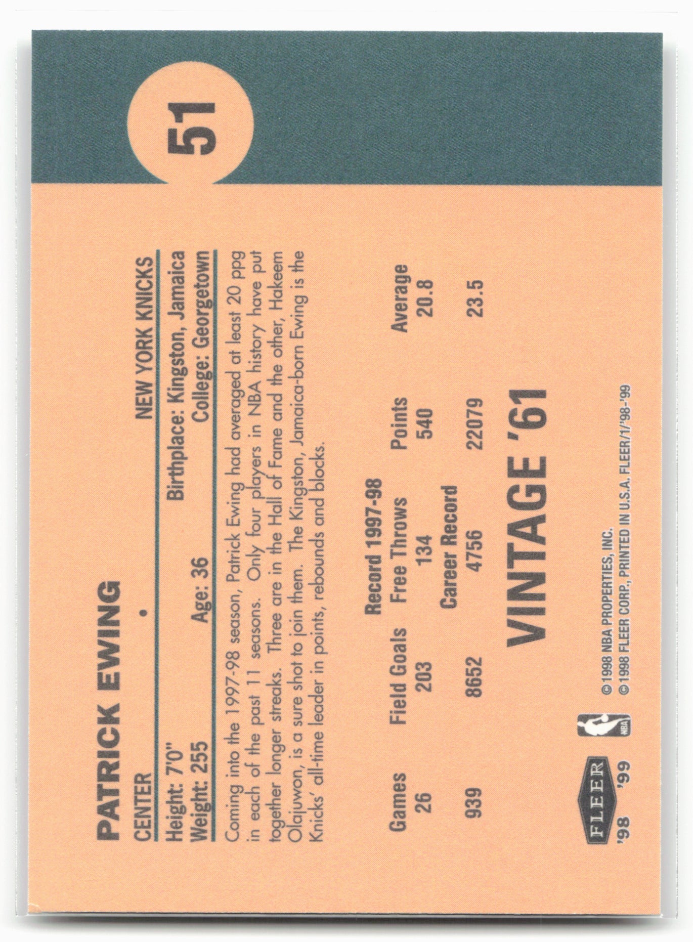 1998-99 Fleer Tradition #51 Patrick Ewing Vintage '61