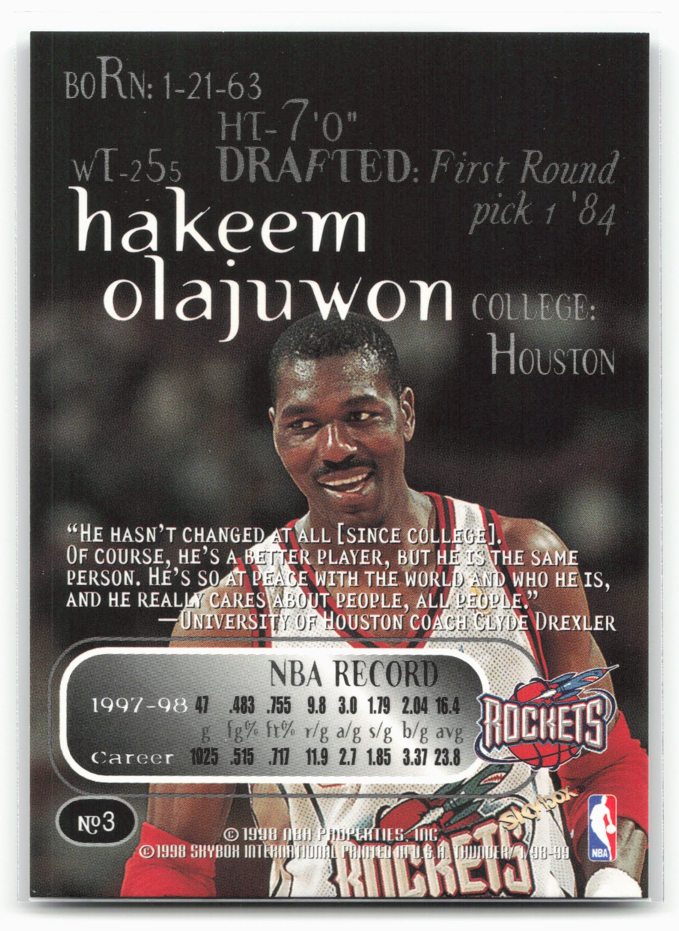 1998-99 SkyBox Thunder #3 Hakeem Olajuwon