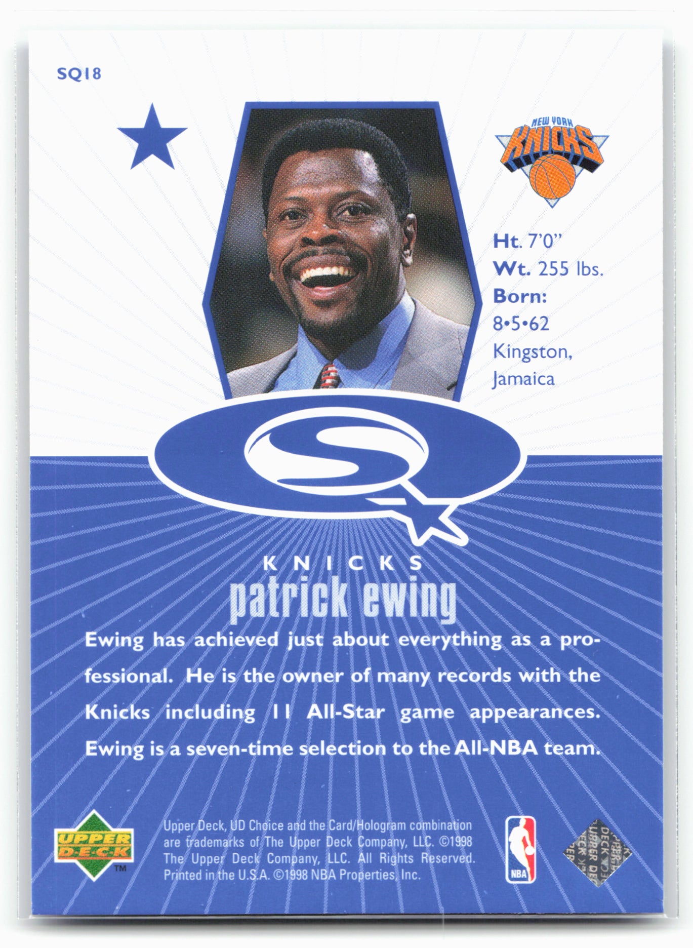 1998-99 UD Choice #SQ18 Patrick Ewing StarQuest Blue