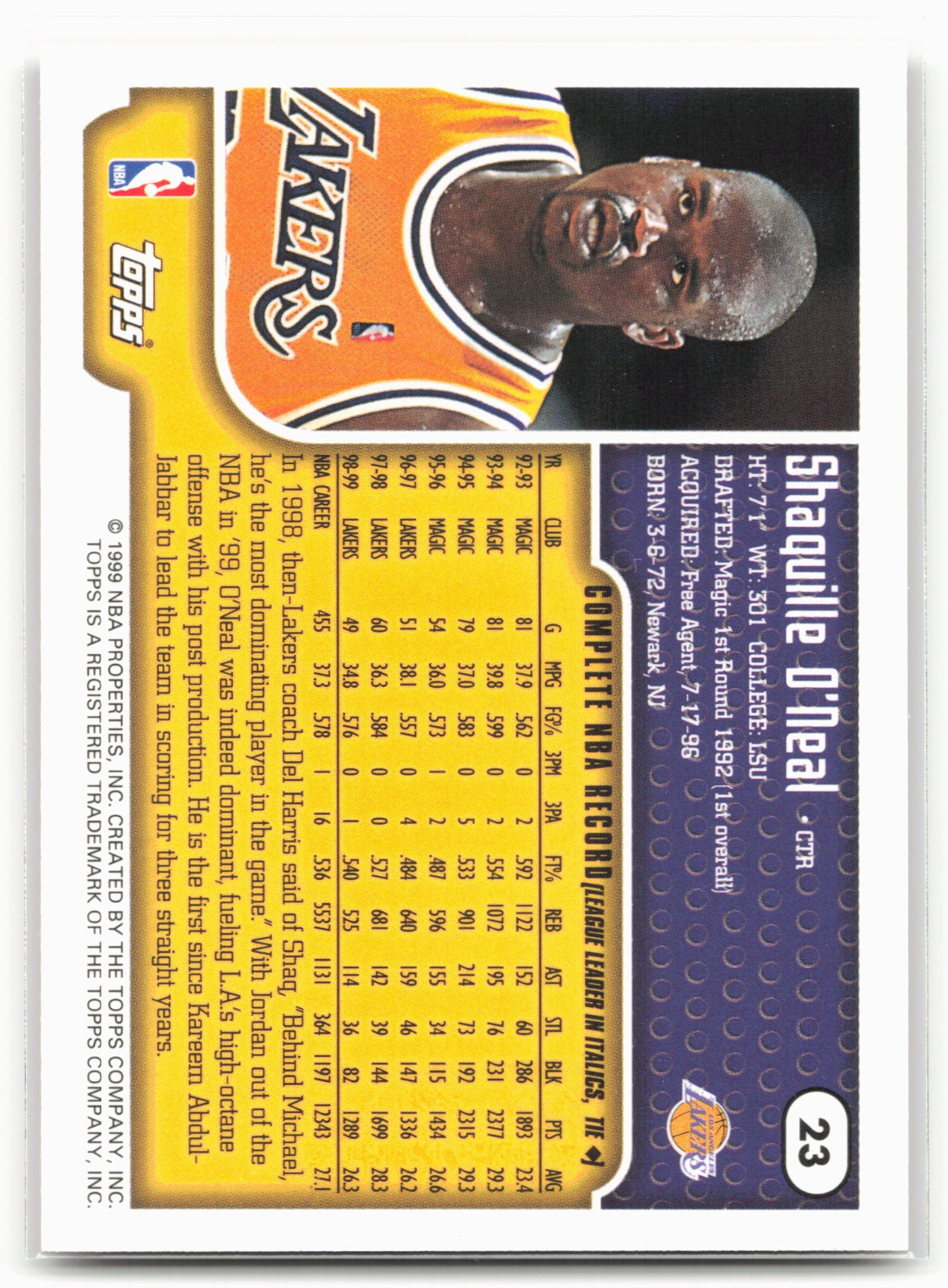 1999-00 Topps Tipoff #23 Shaquille O'Neal 21472