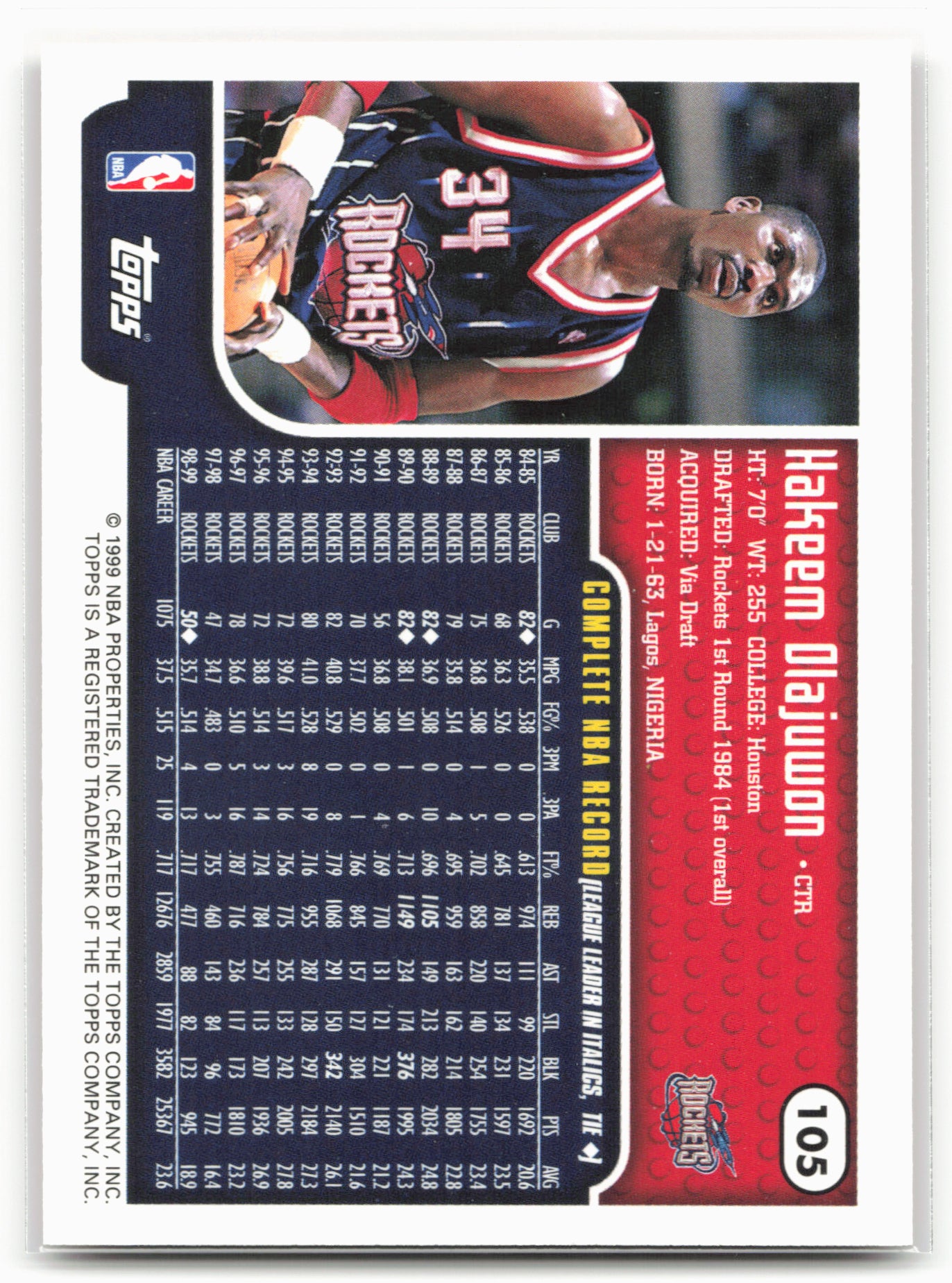 1999-00 Topps Tipoff #105 Hakeem Olajuwon 21474