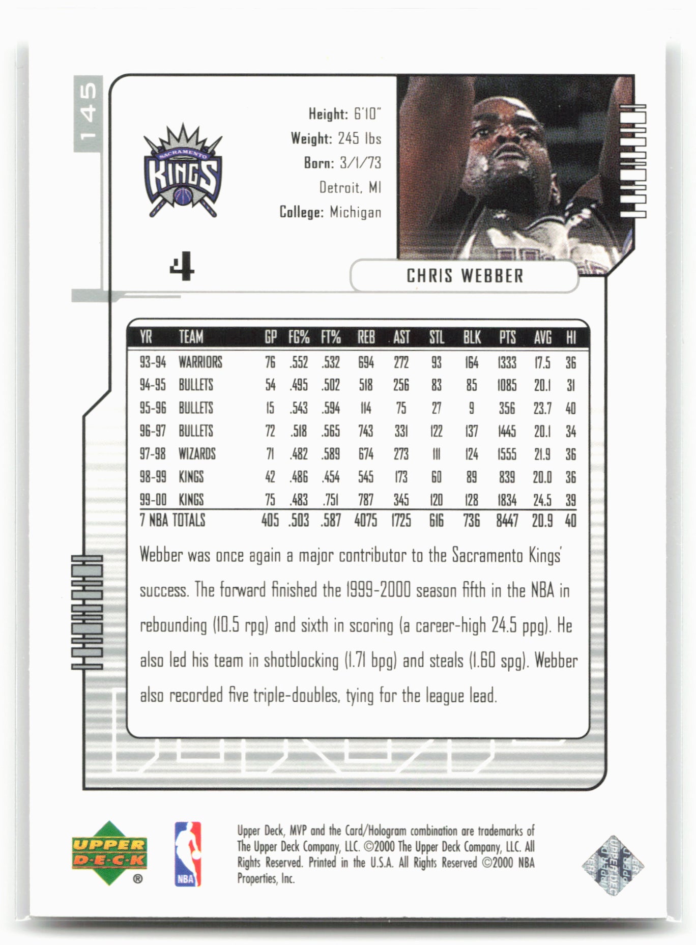 2000-01 Upper Deck MVP #145 Chris Webber Silver Script