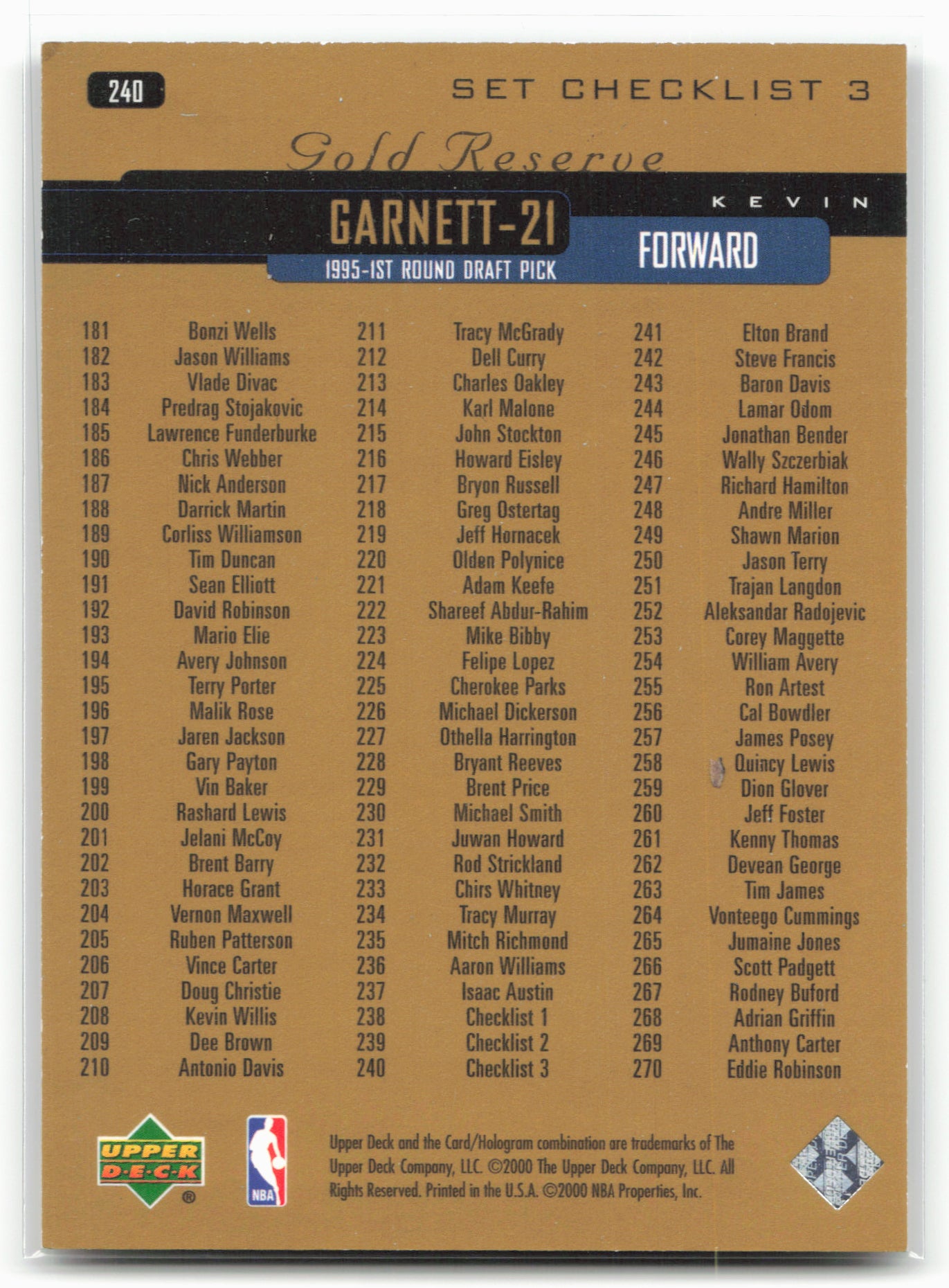 1999-00 Upper Deck Gold Reserve #240 Kevin Garnett