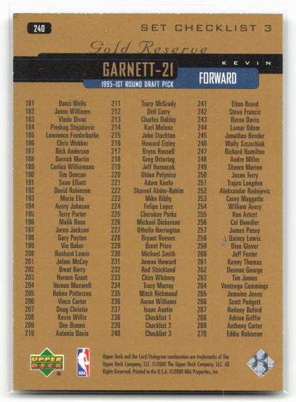 1999-00 Upper Deck Gold Reserve #240 Kevin Garnett