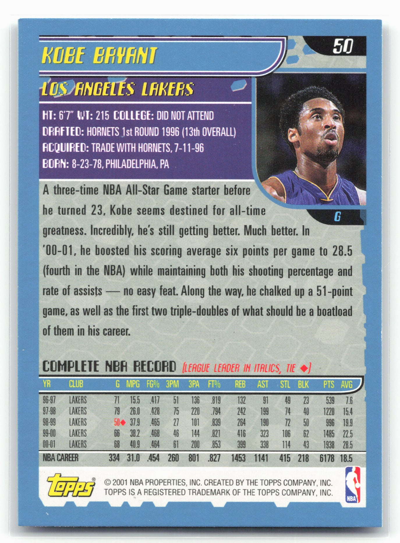2001-02 Topps #50 Kobe Bryant