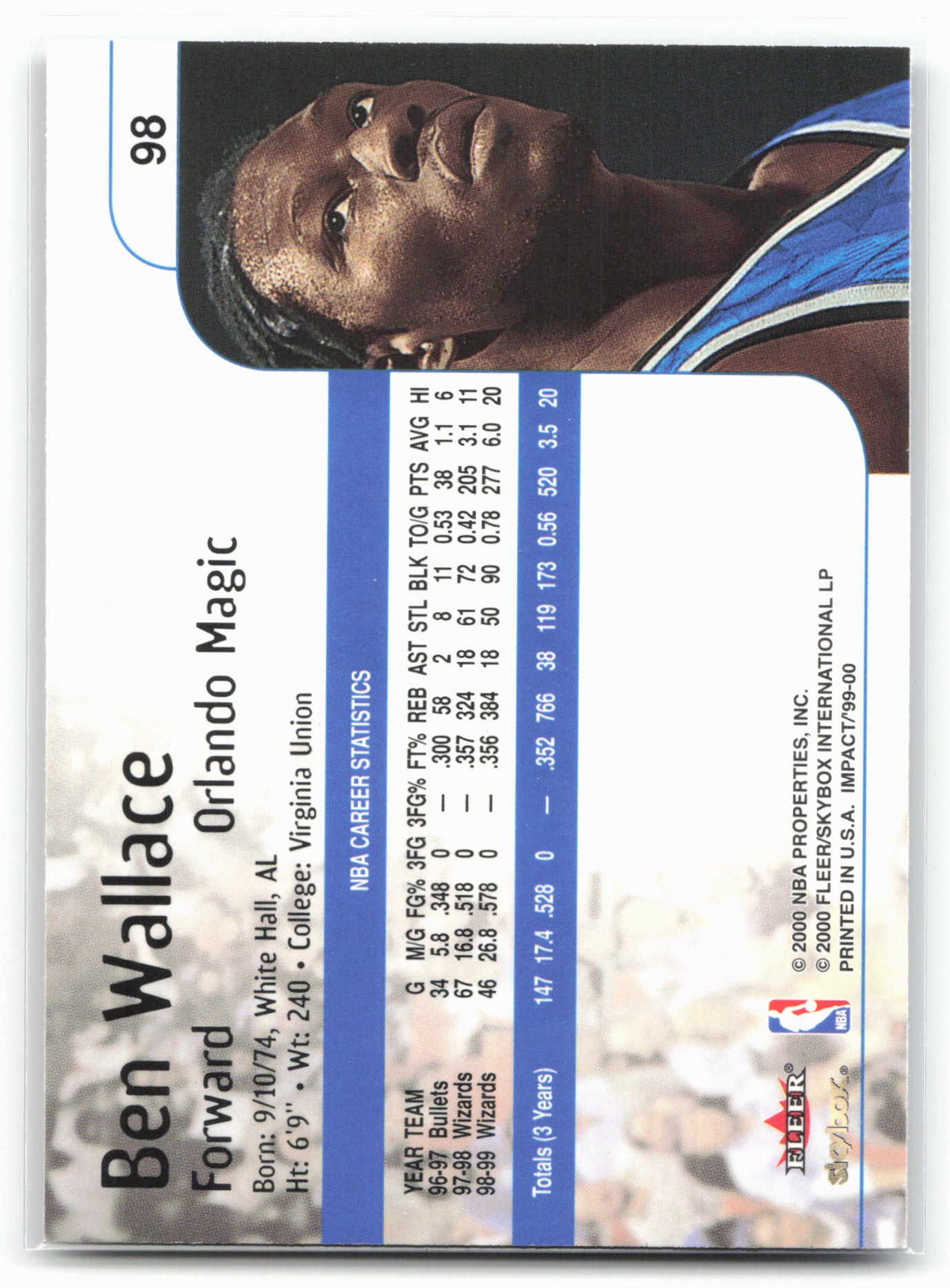 1999-00 SkyBox Impact #98 Ben Wallace