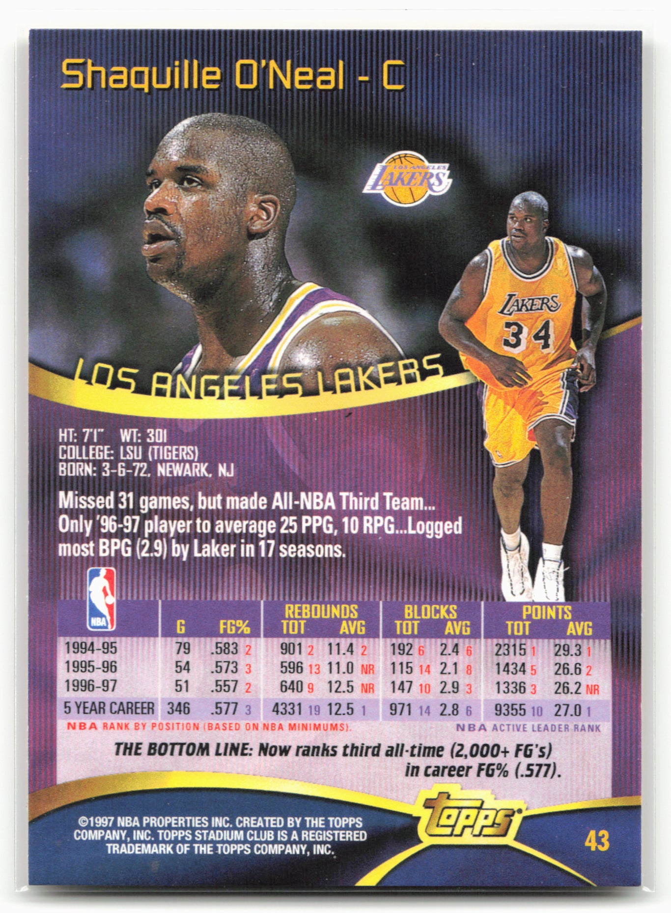 1997-98 Stadium Club #43 Shaquille O'Neal