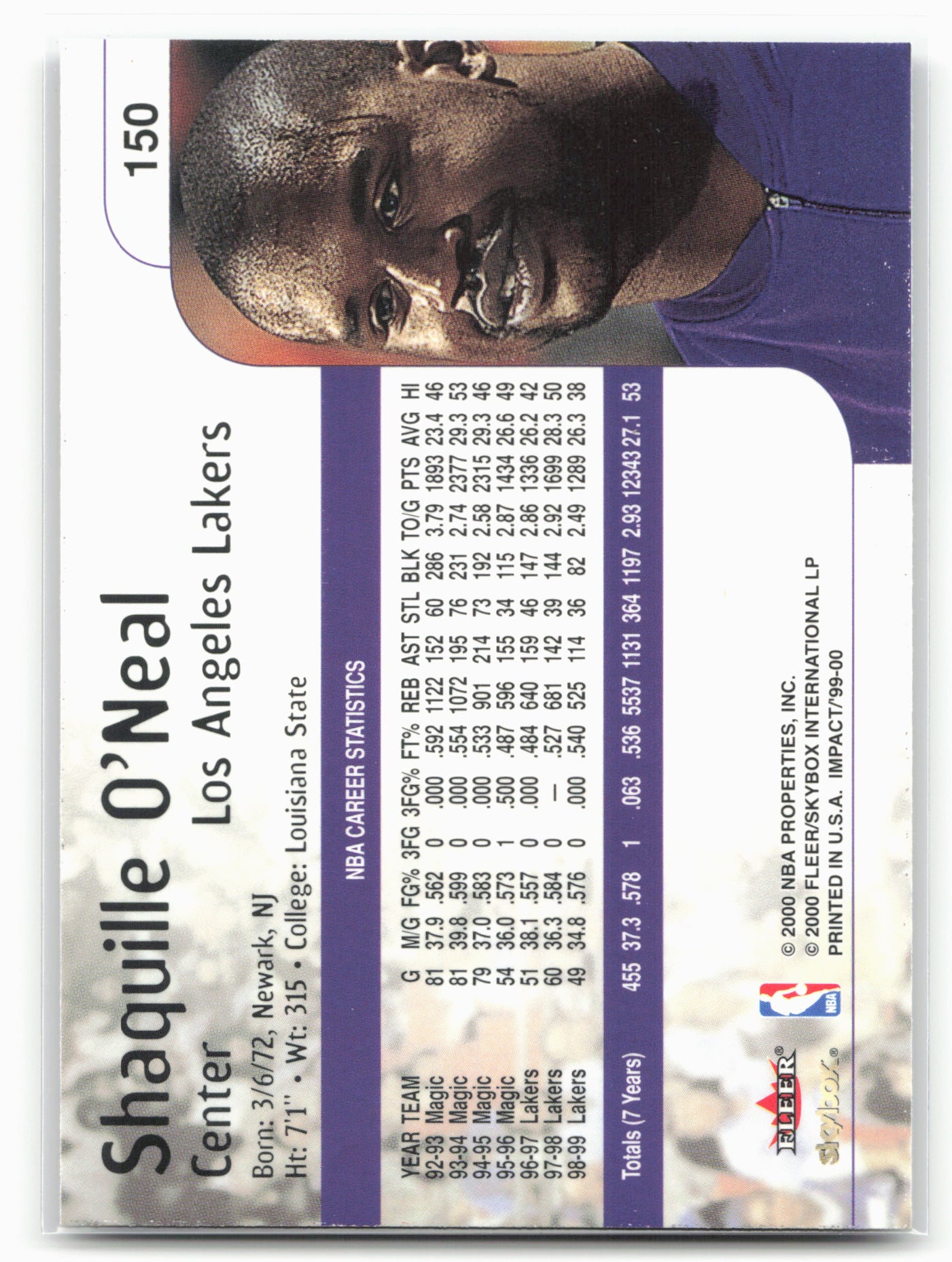 1999-00 SkyBox Impact #150 Shaquille O'Neal