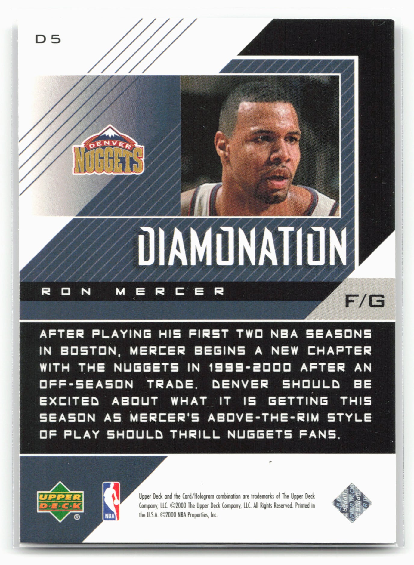 1999-00 Upper Deck Black Diamond #D5 Ron Mercer Diamonation