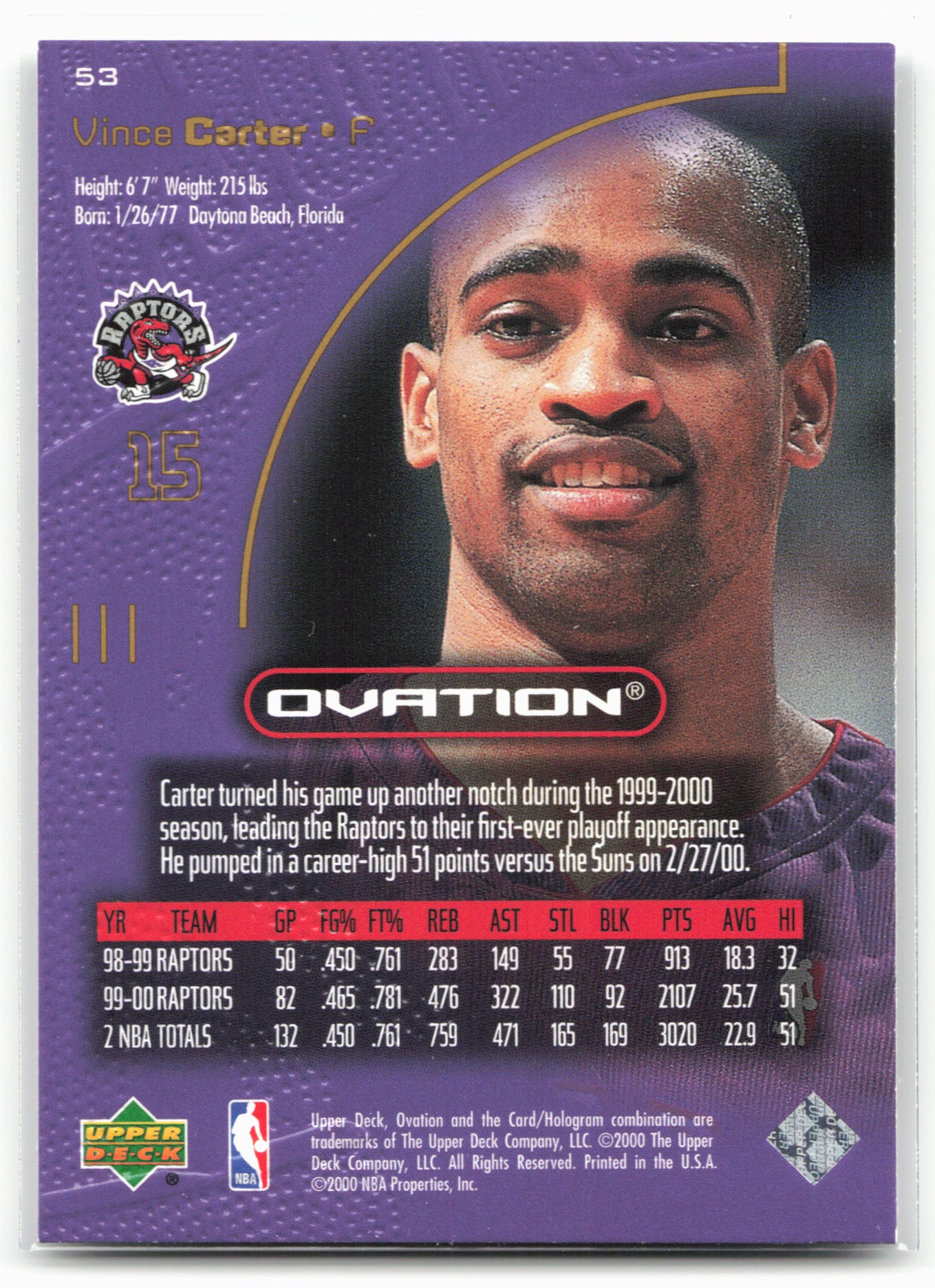 2000-01 Upper Deck Ovation #53 Vince Carter