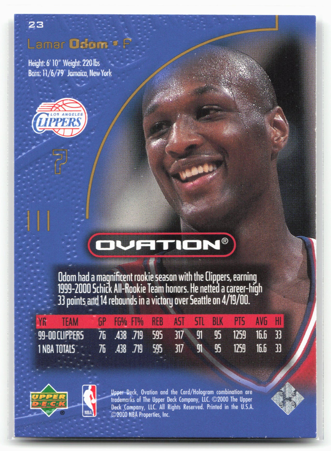 2000-01 Upper Deck Ovation #23 Lamar Odom