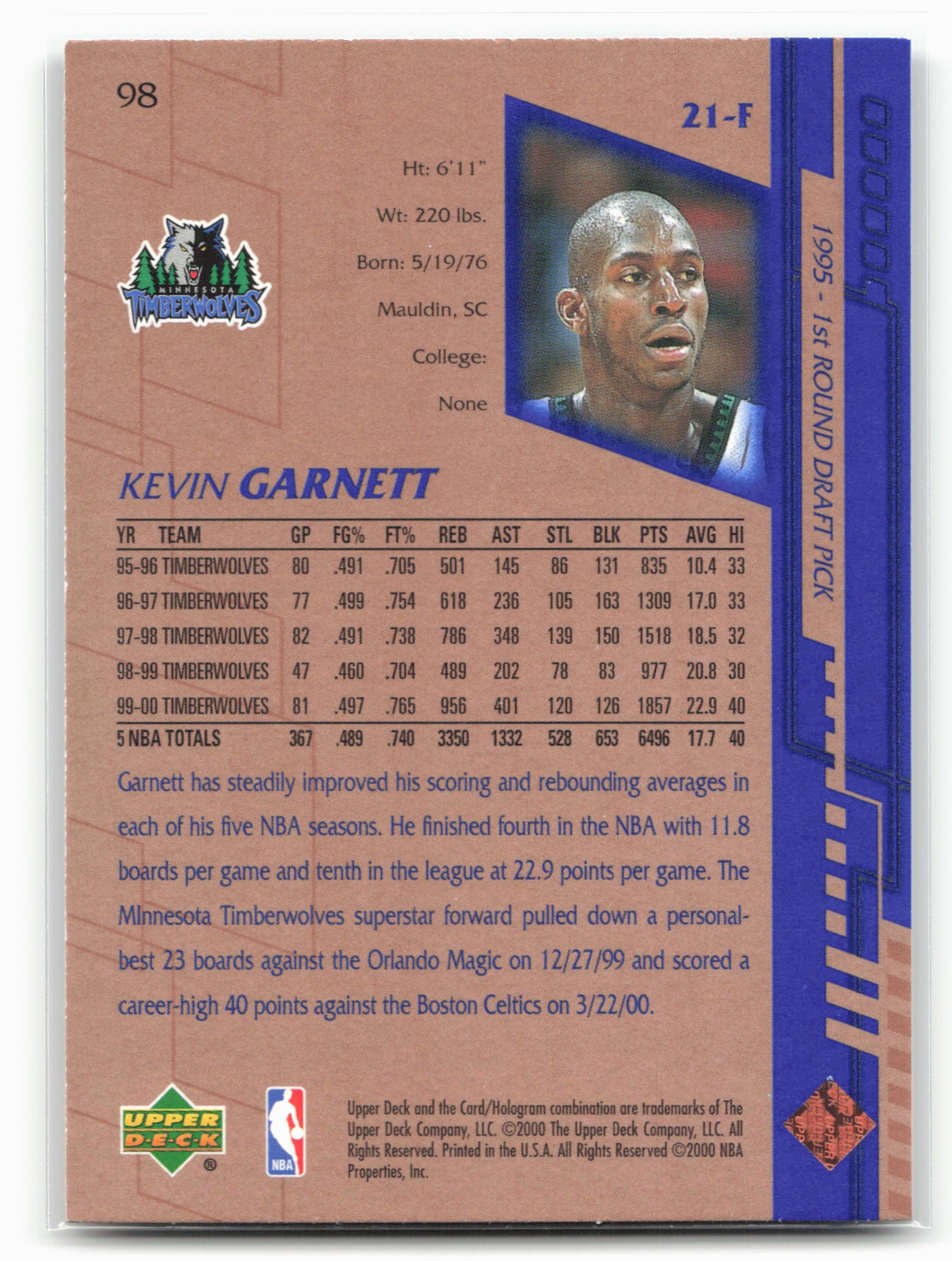 2000-01 Upper Deck #98 Kevin Garnett