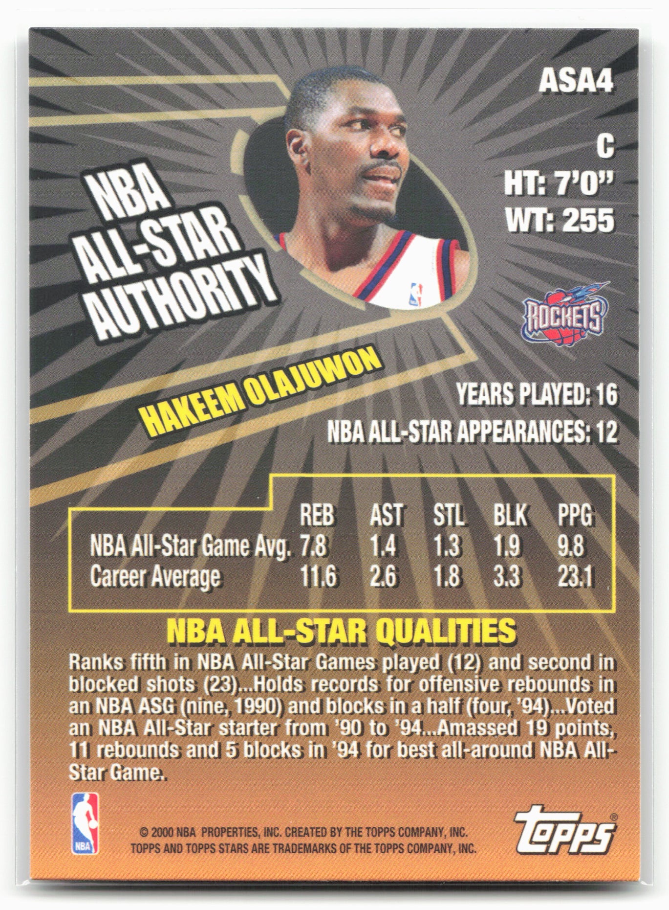 2000-01 Topps Stars #ASA4 Hakeem Olajuwon All-Star Authority
