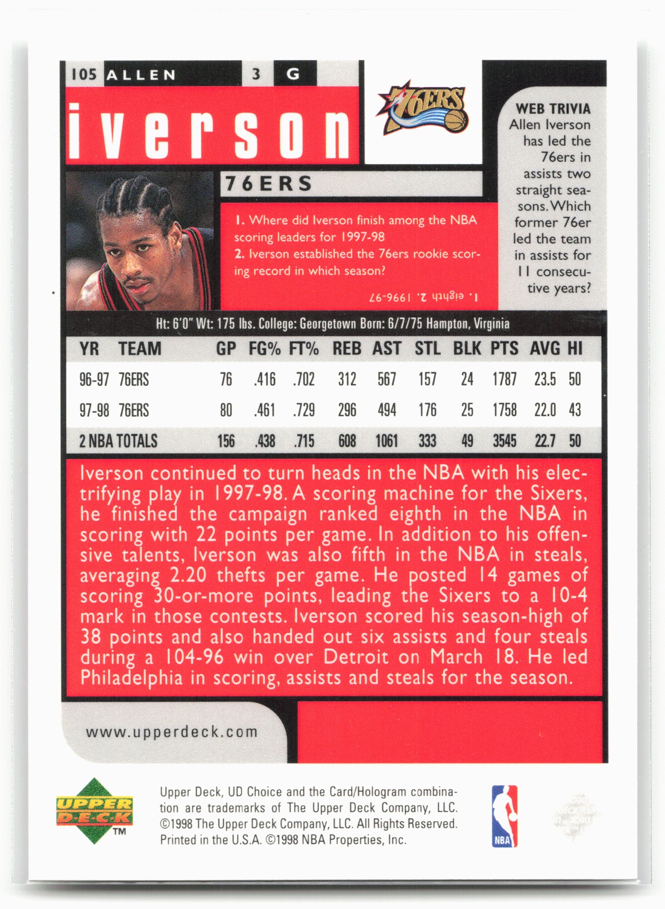 1998-99 UD Choice #105 Allen Iverson