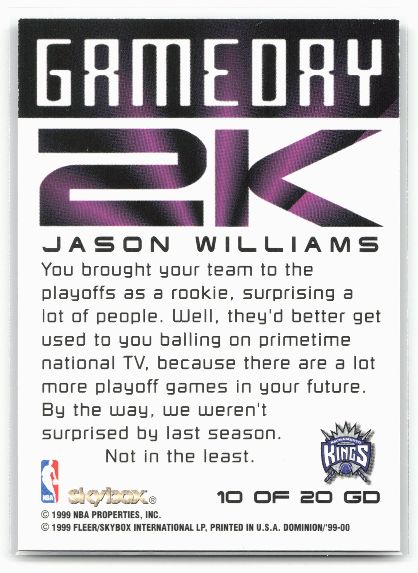 1999-00 SkyBox Dominion #10 GD Jason Williams Game Day 2K