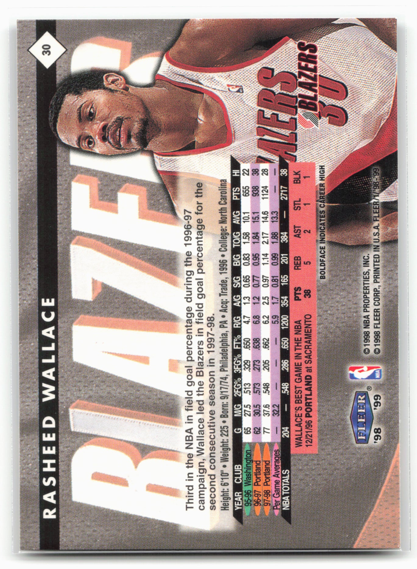 1998-99 Fleer Tradition #30 Rasheed Wallace
