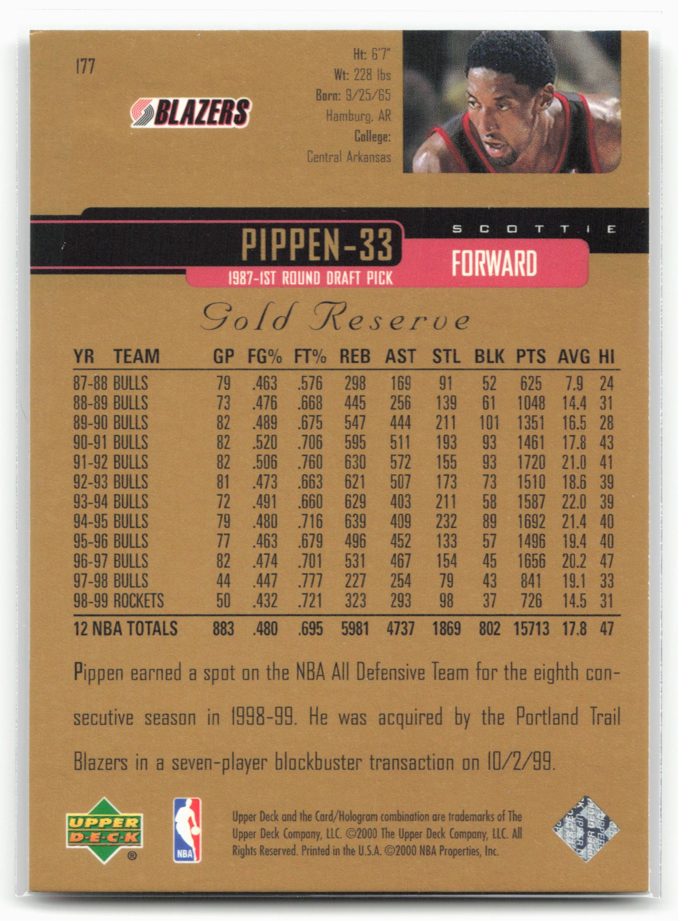 1999-00 Upper Deck Gold Reserve #177 Scottie Pippen