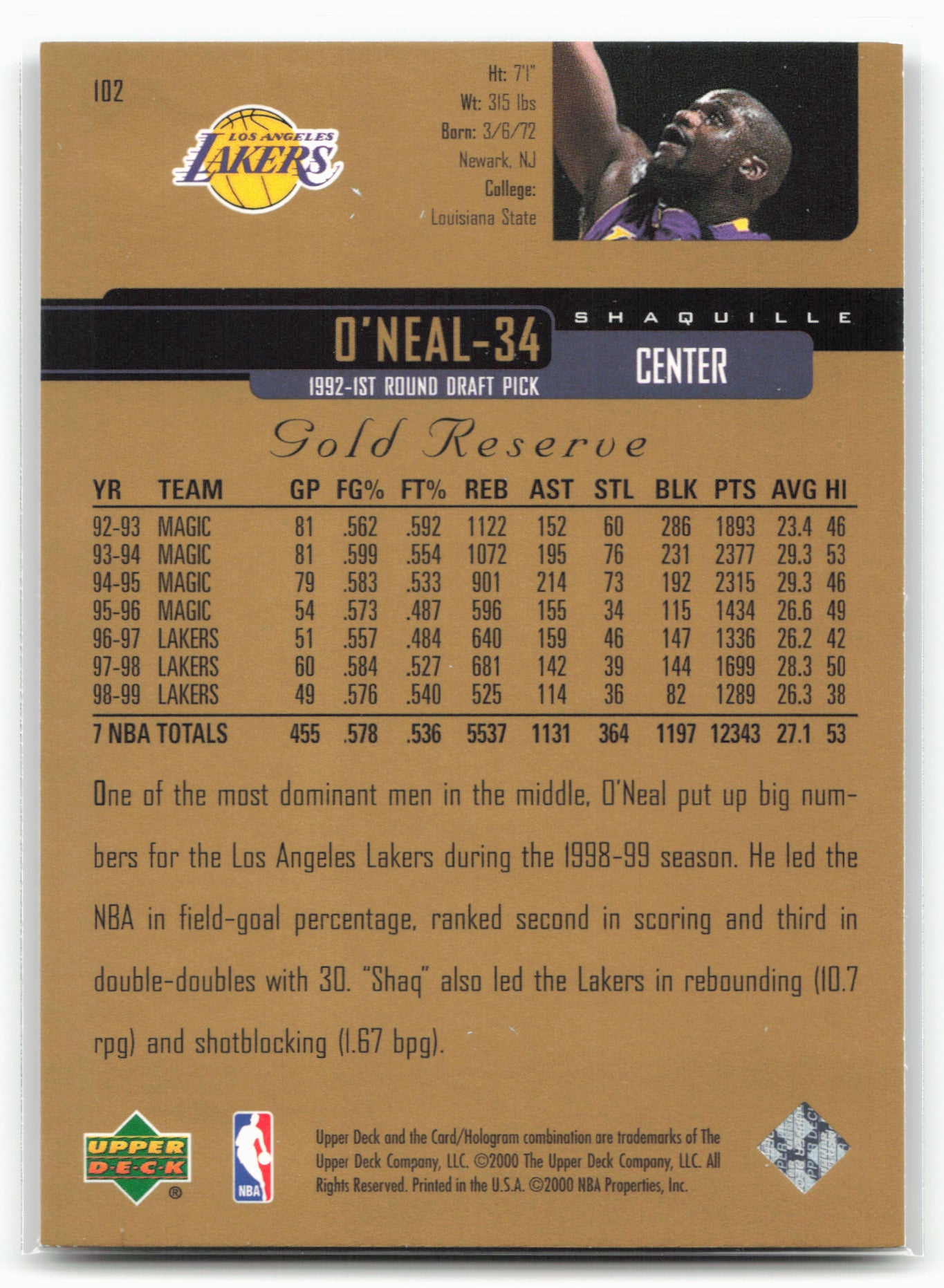 1999-00 Upper Deck Gold Reserve #102 Shaquille O'Neal