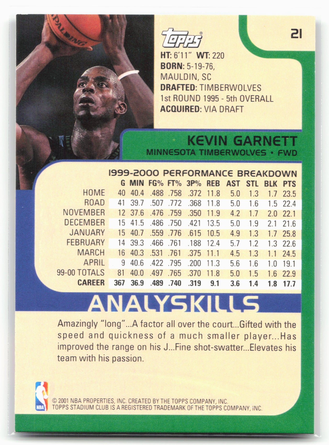 2000-01 Stadium Club #21 Kevin Garnett