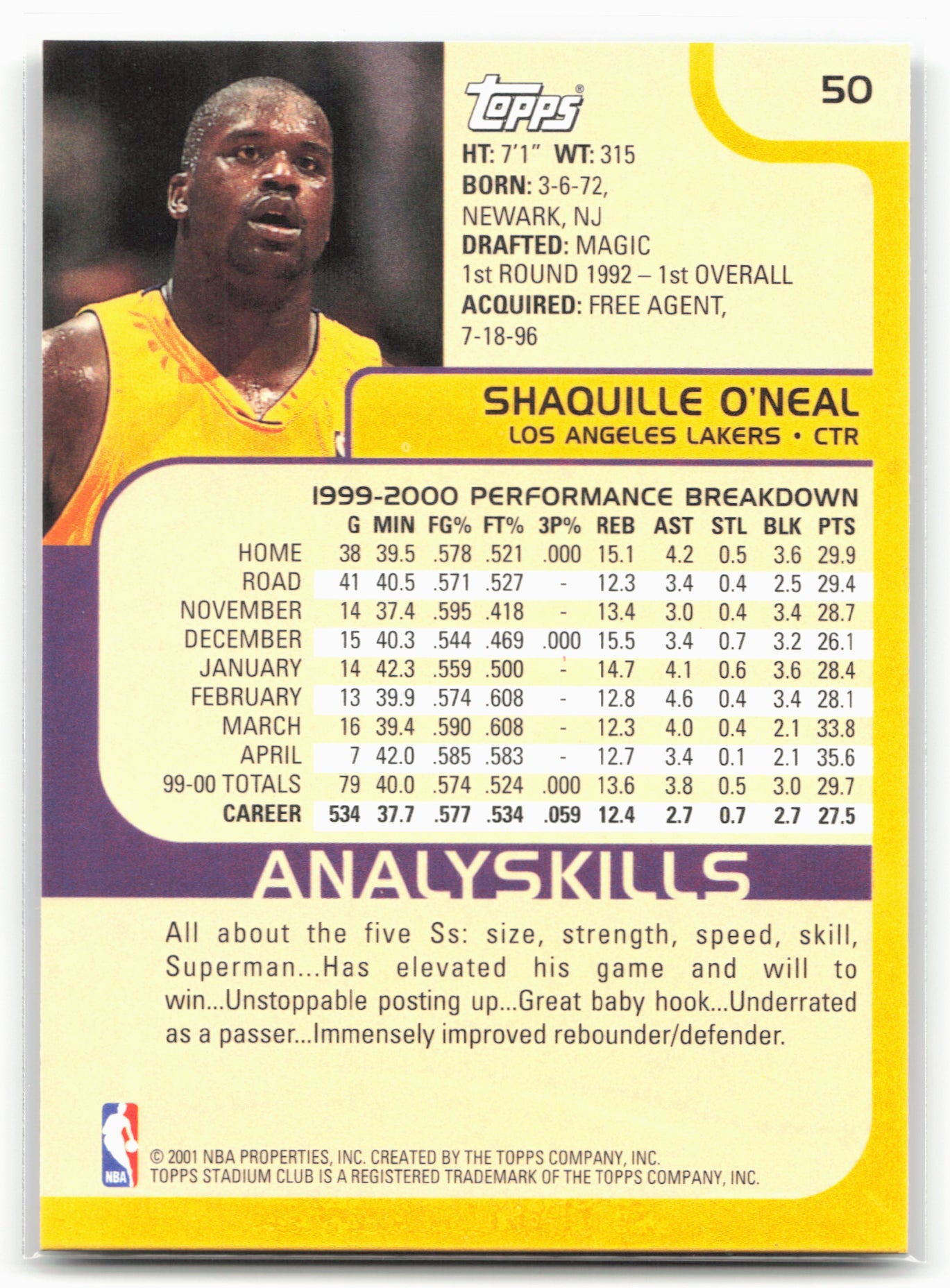 2000-01 Stadium Club #50 Shaquille O'Neal