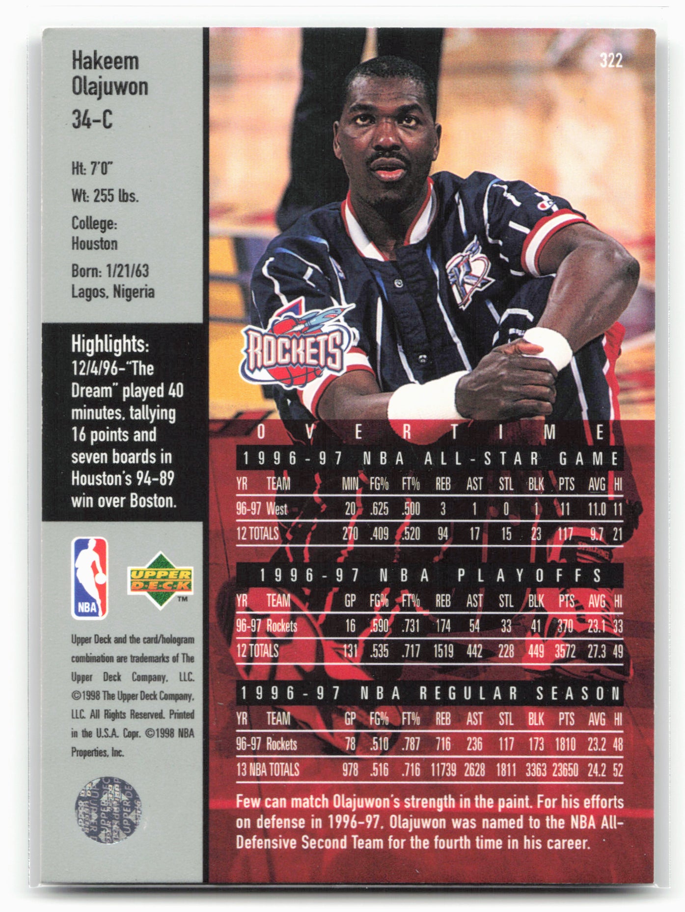 1997-98 Upper Deck #322 Hakeem Olajuwon