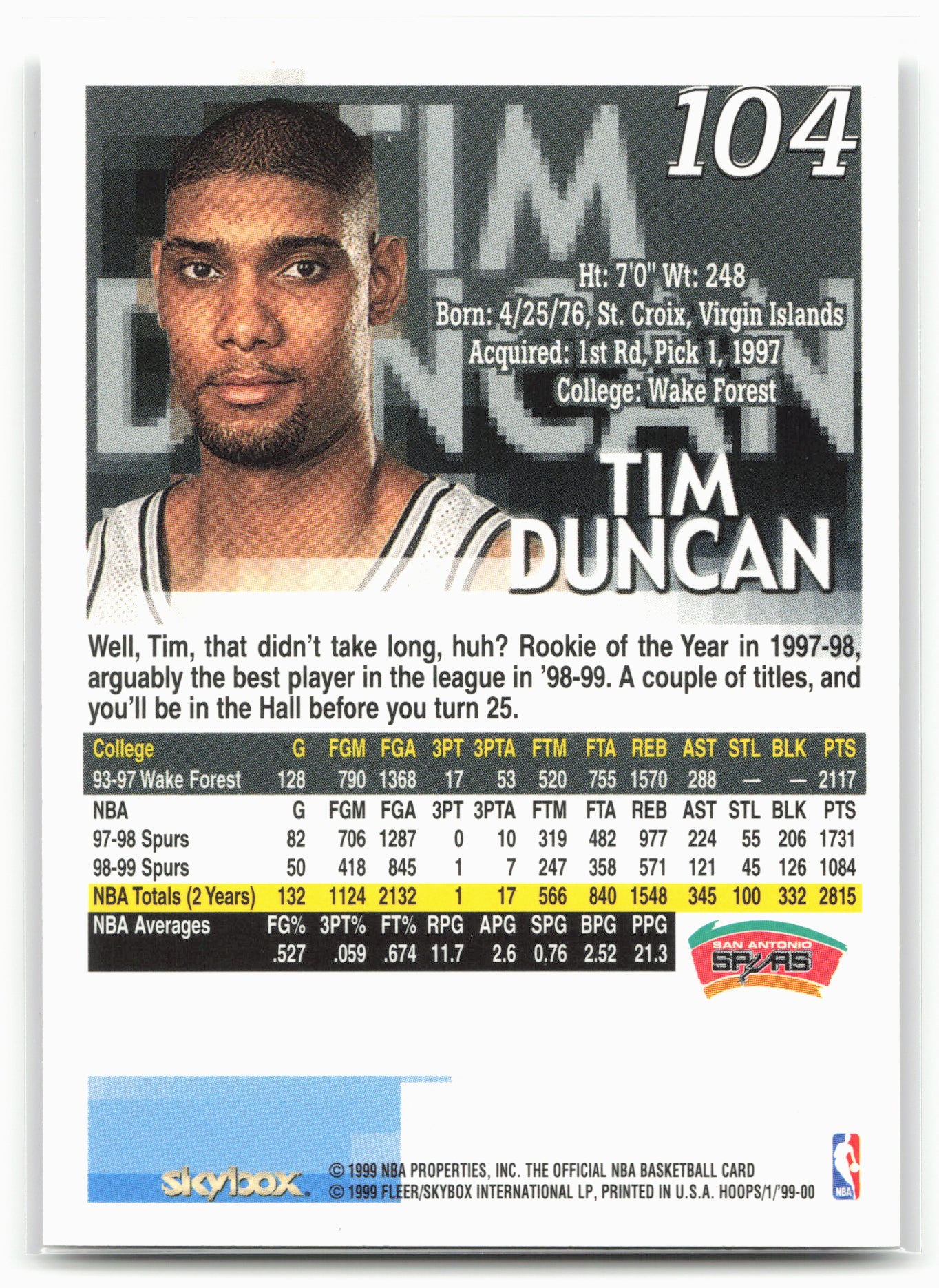 1999-00 Hoops #104 Tim Duncan