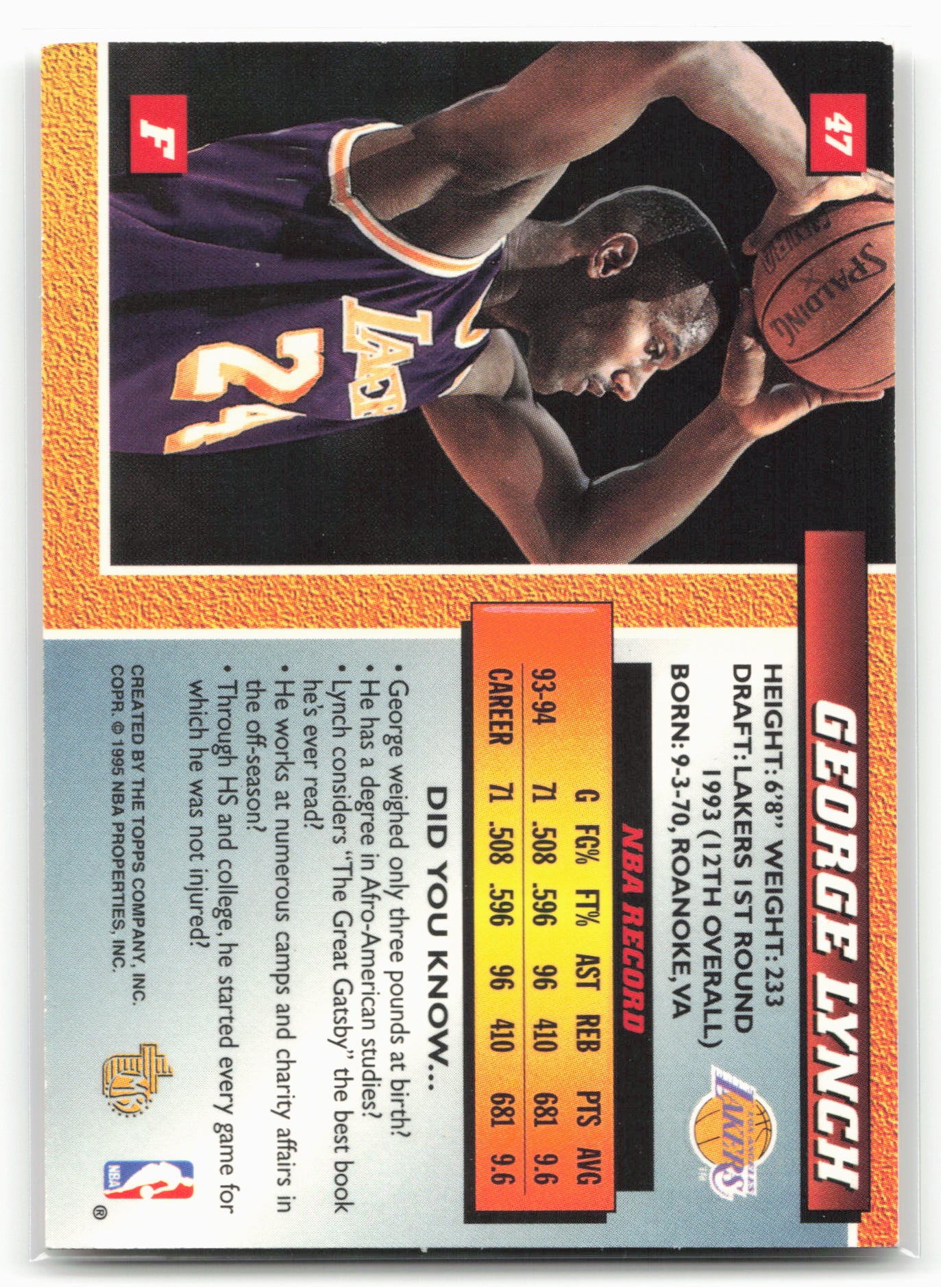 1994-95 Topps Embossed #47 George Lynch Golden Idols