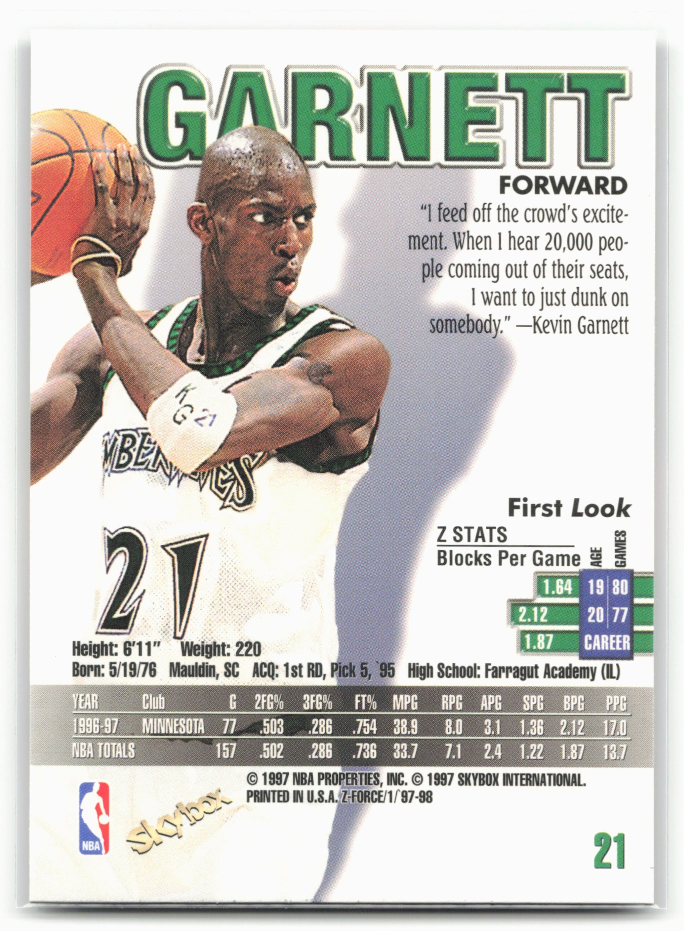 1997-98 SkyBox Z-Force #21 Kevin Garnett