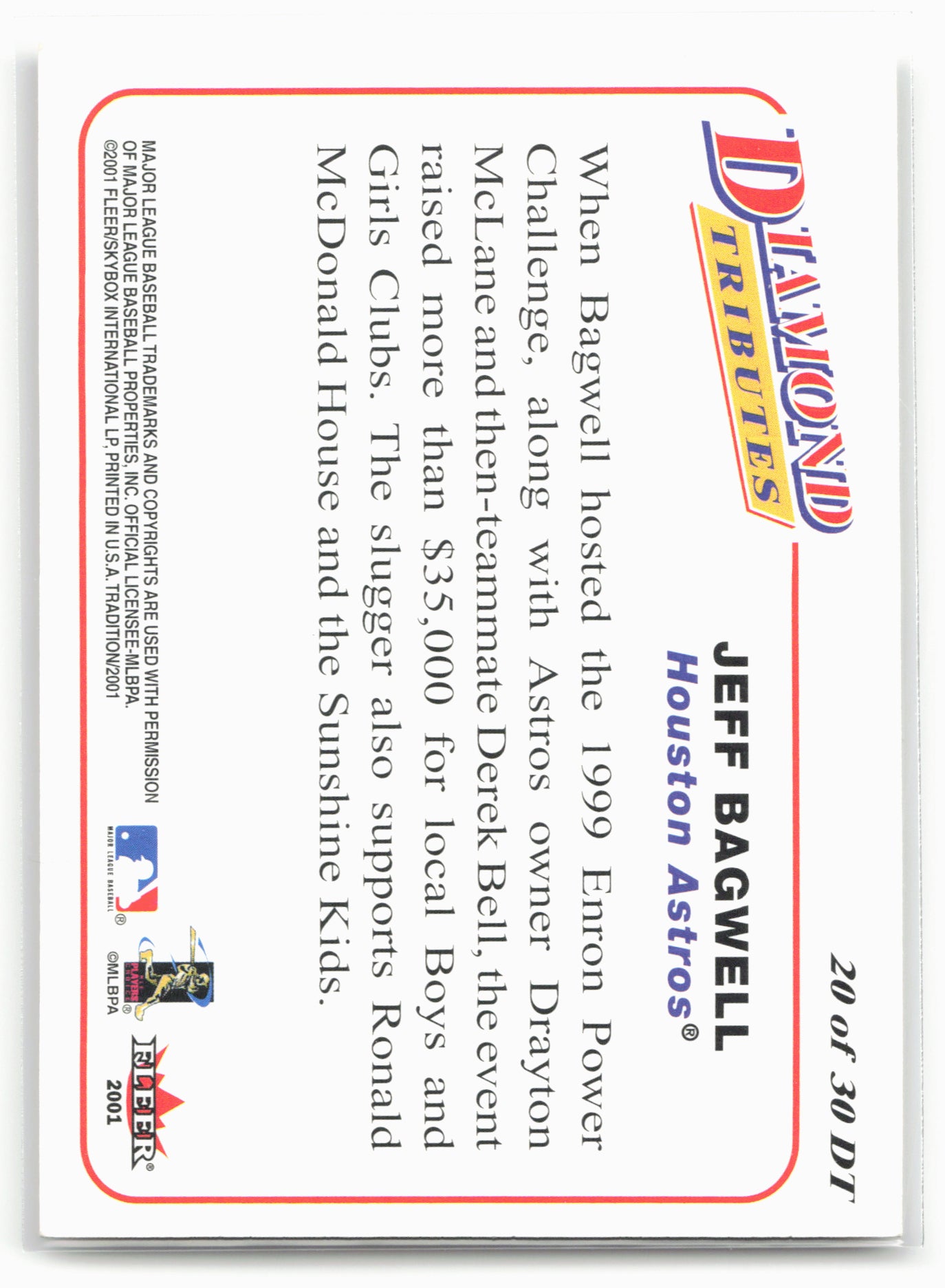 2001 Fleer Tradition #20 DT Jeff Bagwell Diamond Tributes