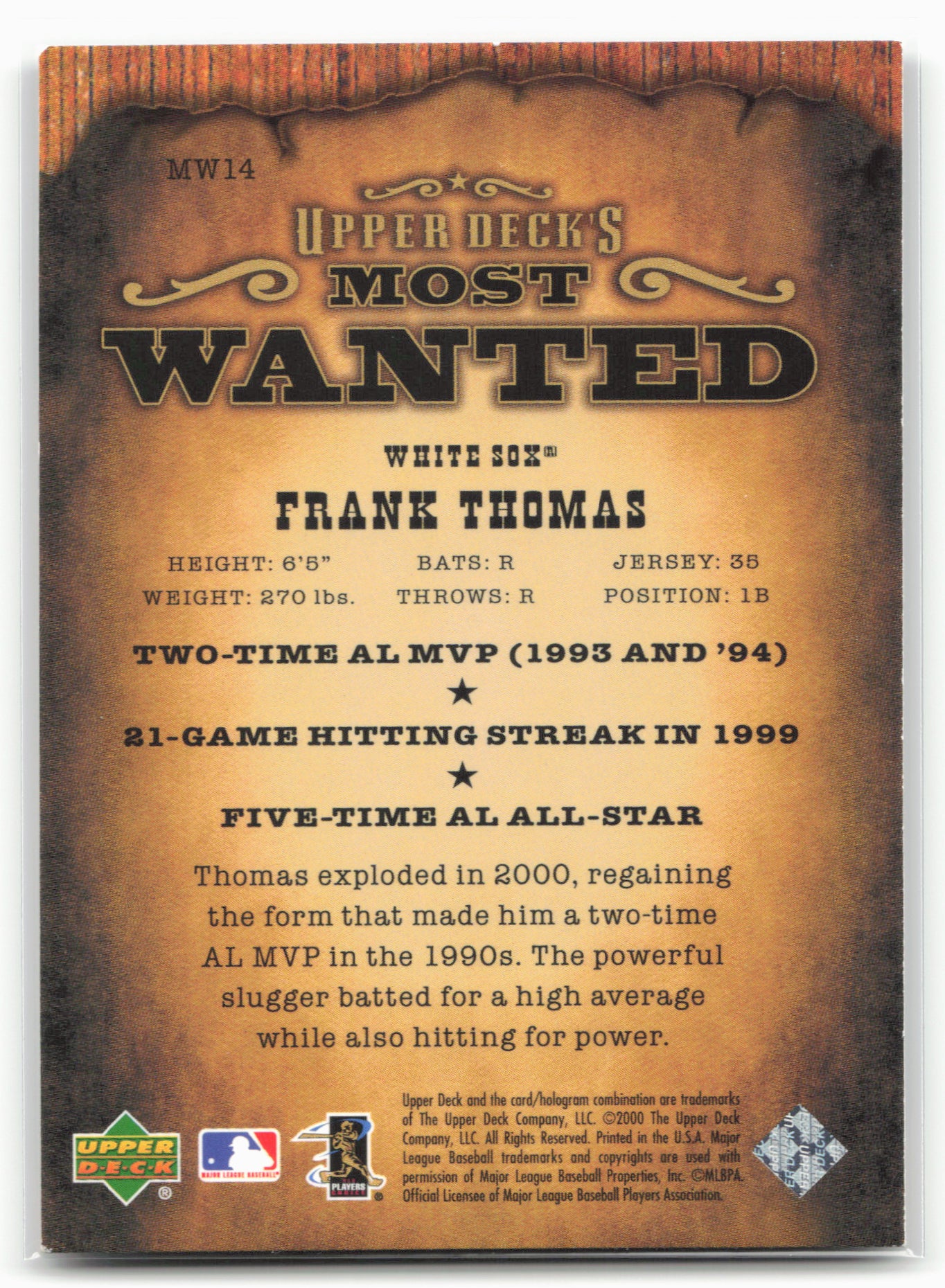 2001 Upper Deck #MW14 Frank Thomas Upper Deck's Most Wanted